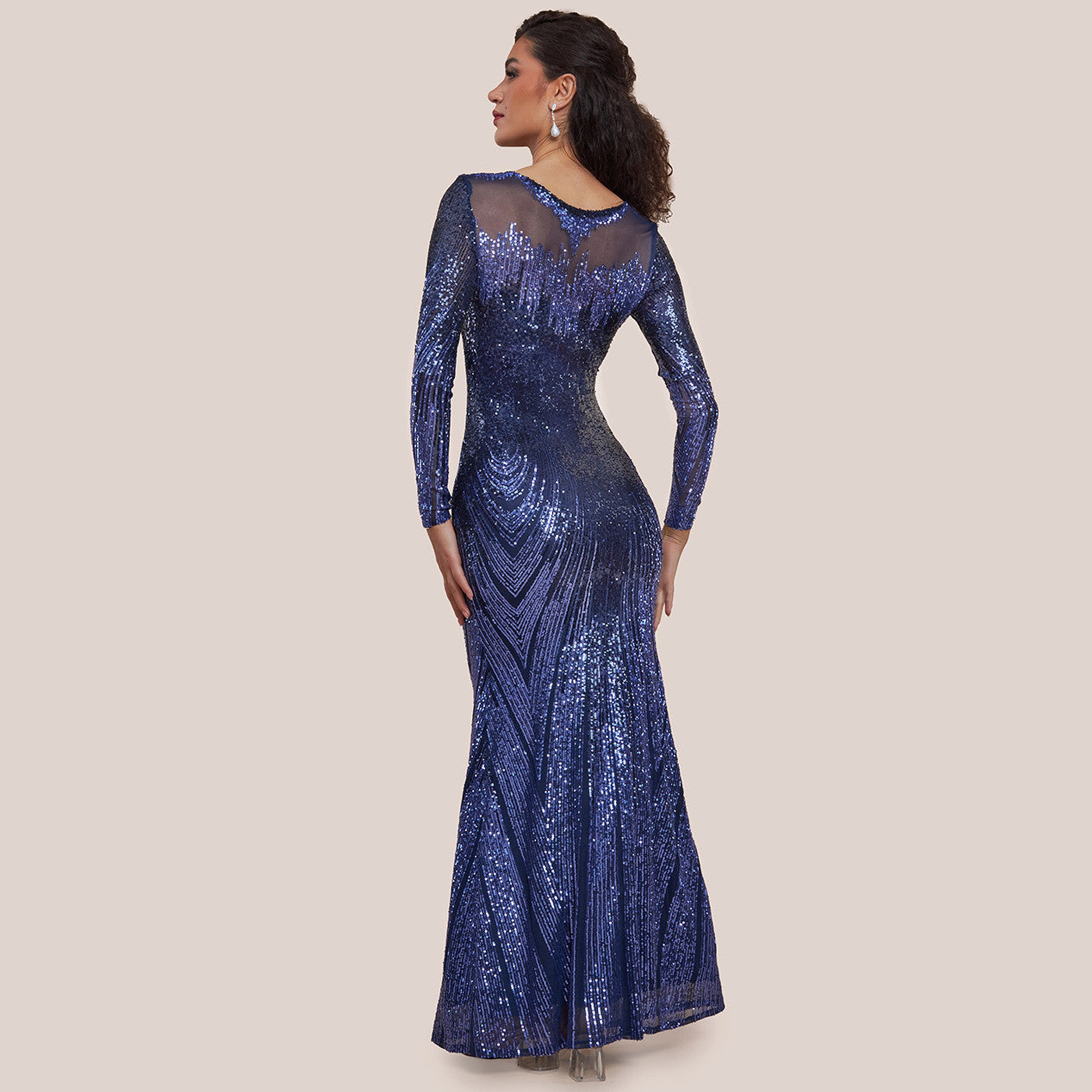 Goddiva Navy Aztec Sequins Work Evening Women's Mermaid Gown-women-clothing-dresses-image-5