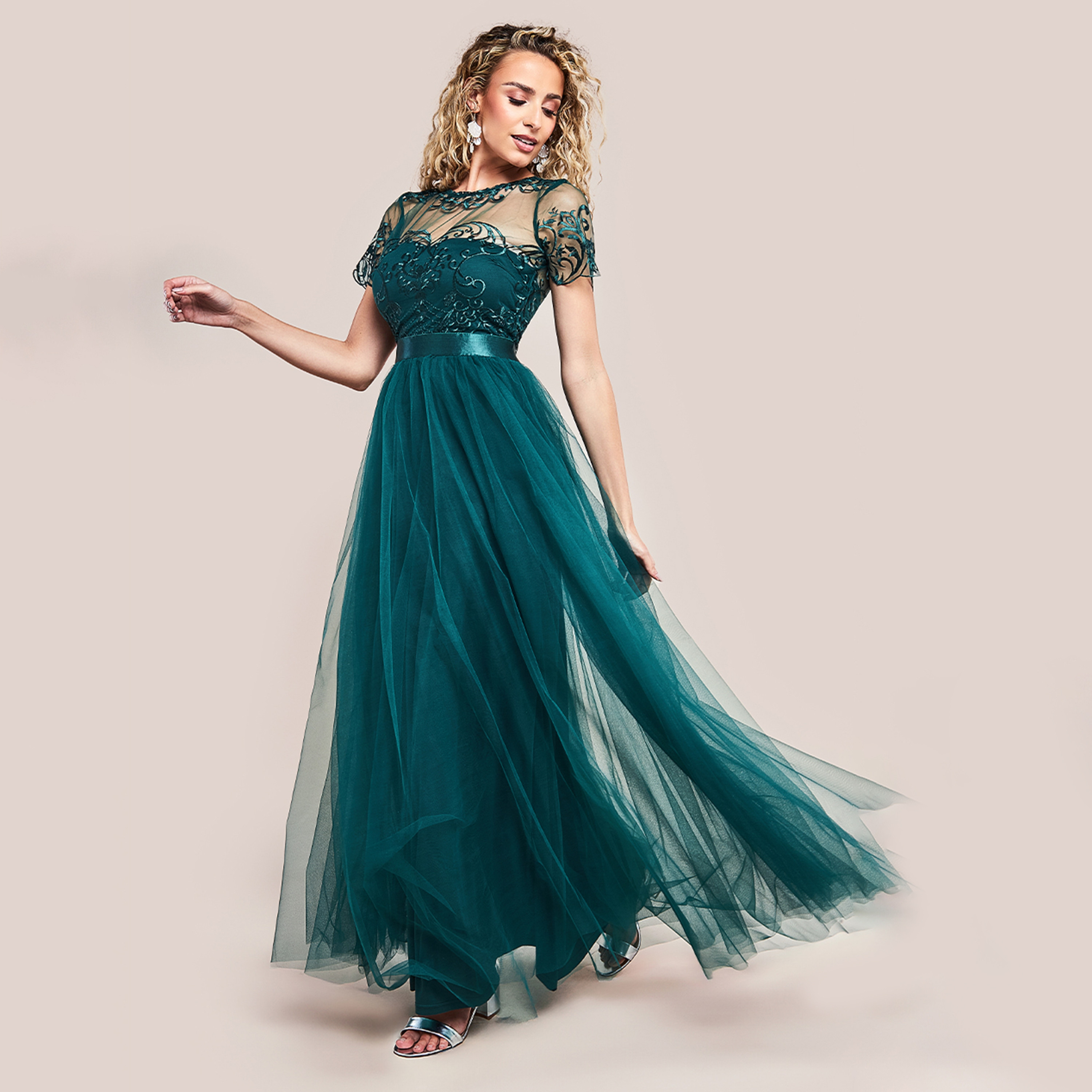 Goddiva Embroidered Mesh Round Neck Pleated Maxi Dress-women-clothing-dresses-image-1