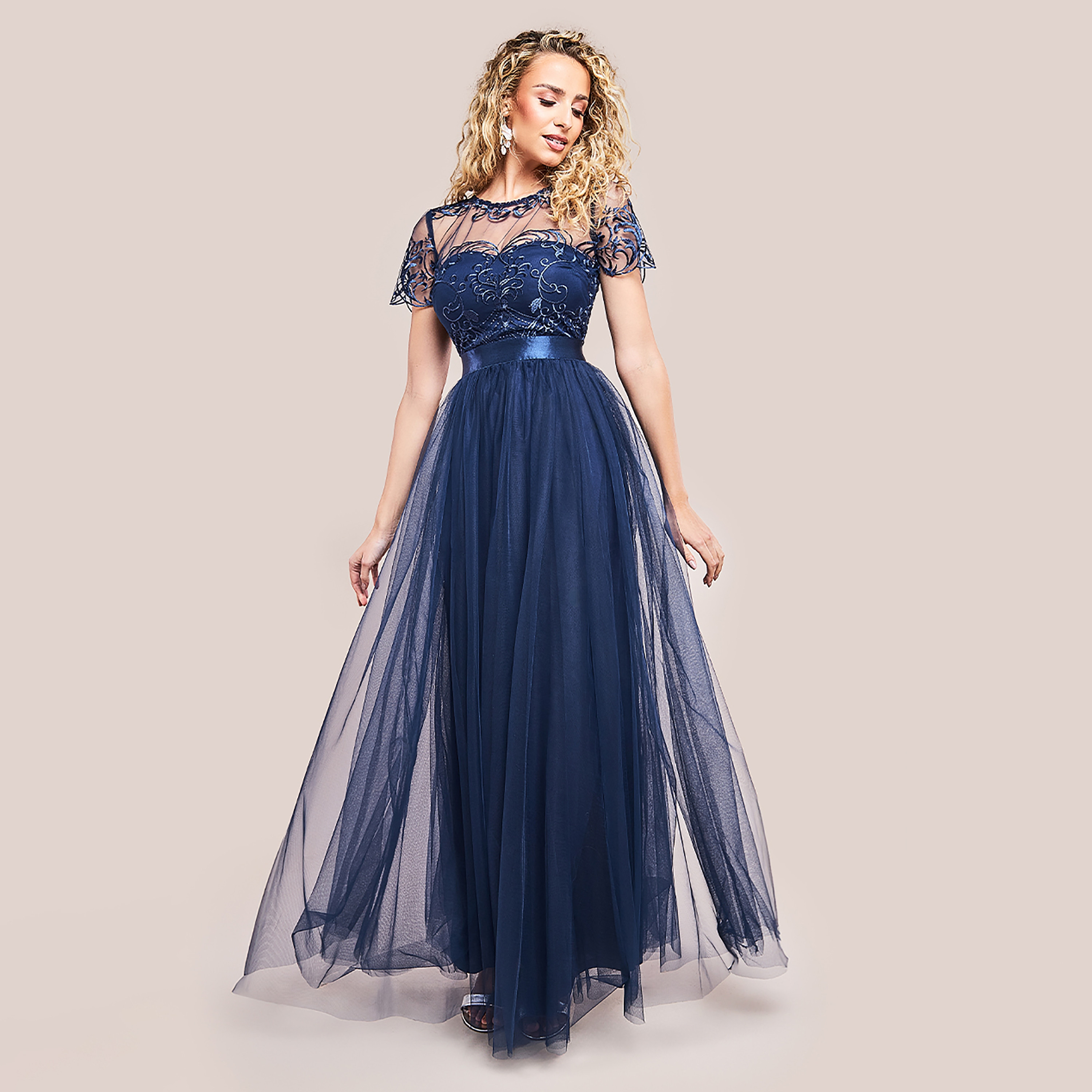Goddiva Embroidered Mesh Round Neck Pleated Maxi Dress-women-clothing-dresses-image-1