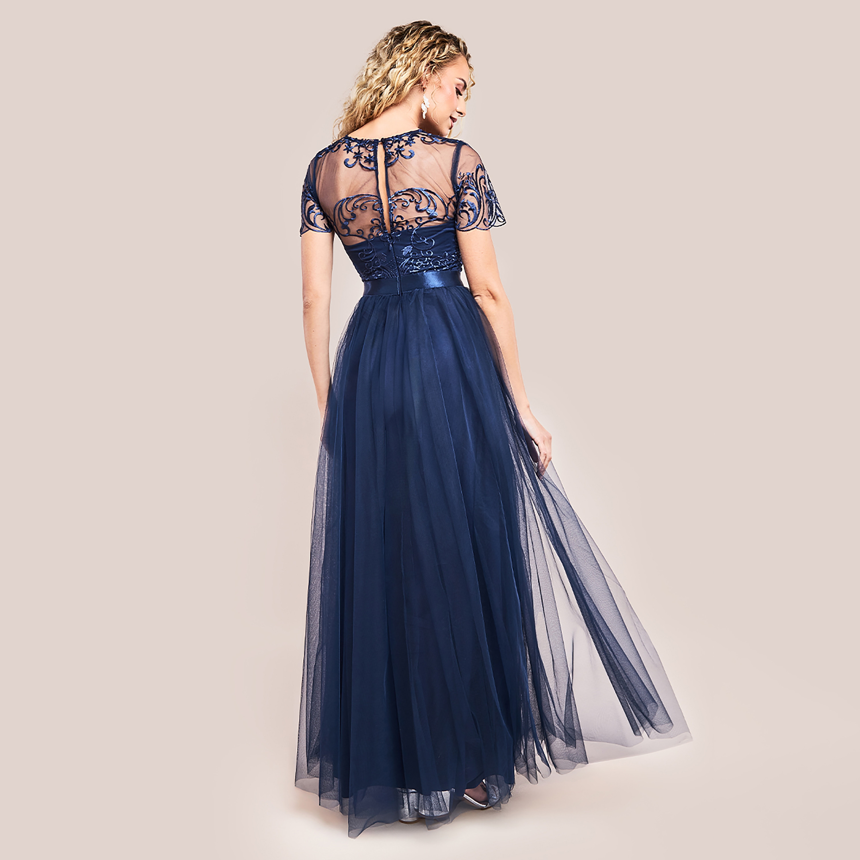 Goddiva Embroidered Mesh Round Neck Pleated Maxi Dress-women-clothing-dresses-image-3