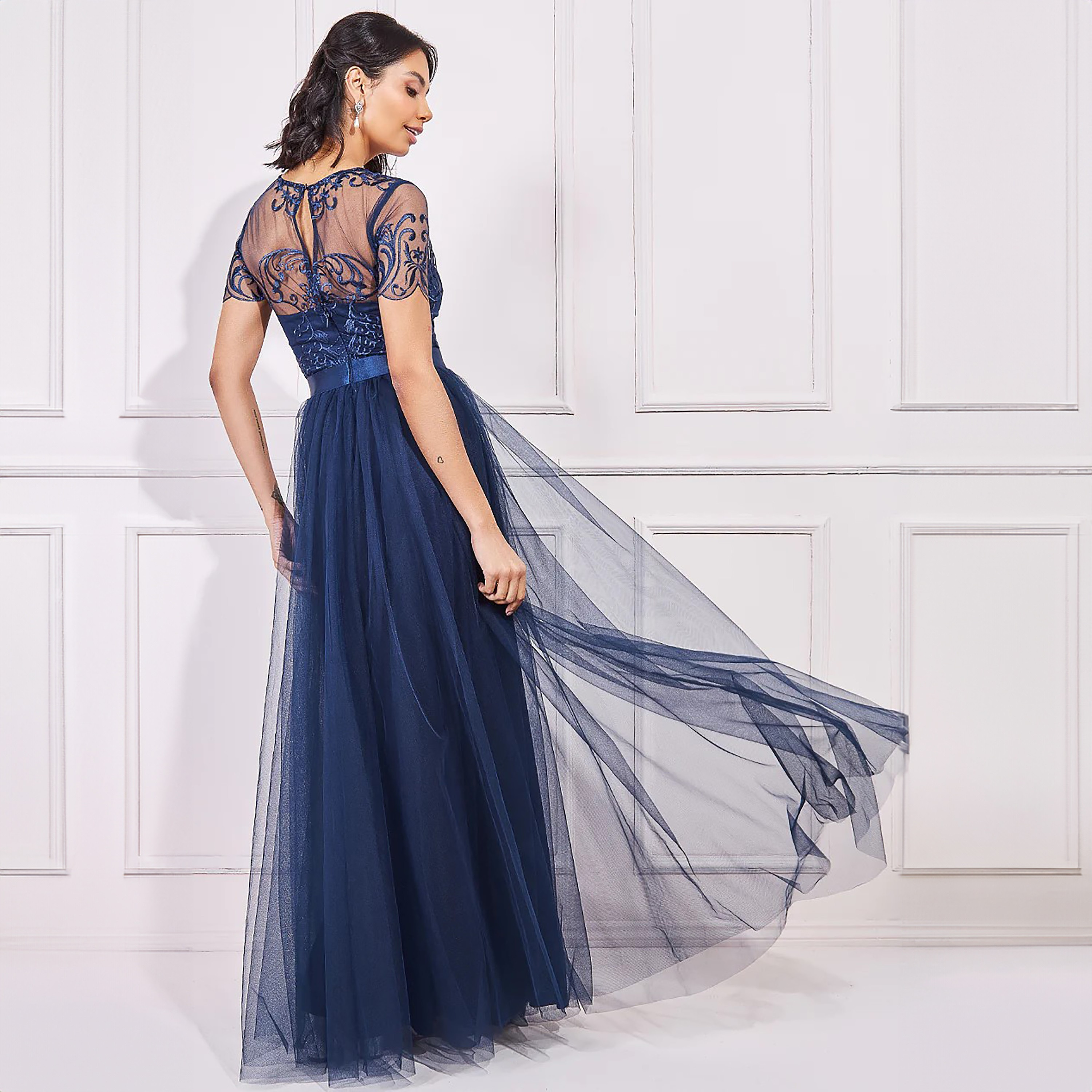 Goddiva Embroidered Mesh Round Neck Pleated Maxi Dress-women-clothing-dresses-image-4