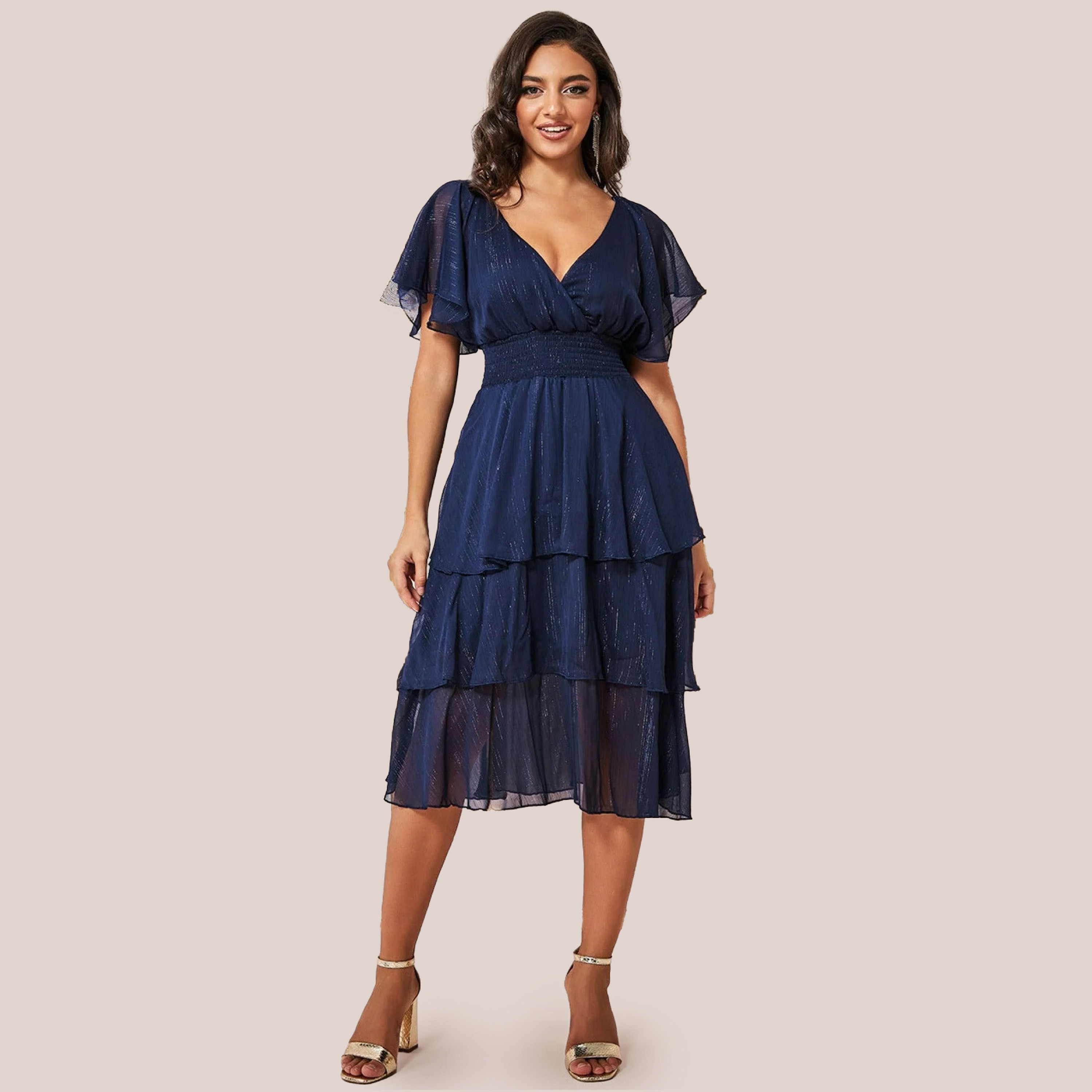 فستان سهرة نسائي ماكسي بطبقات وأكمام فضفاضة وتأثير لامع باللون الكحلي من جوديفا-women-clothing-dresses-image-1