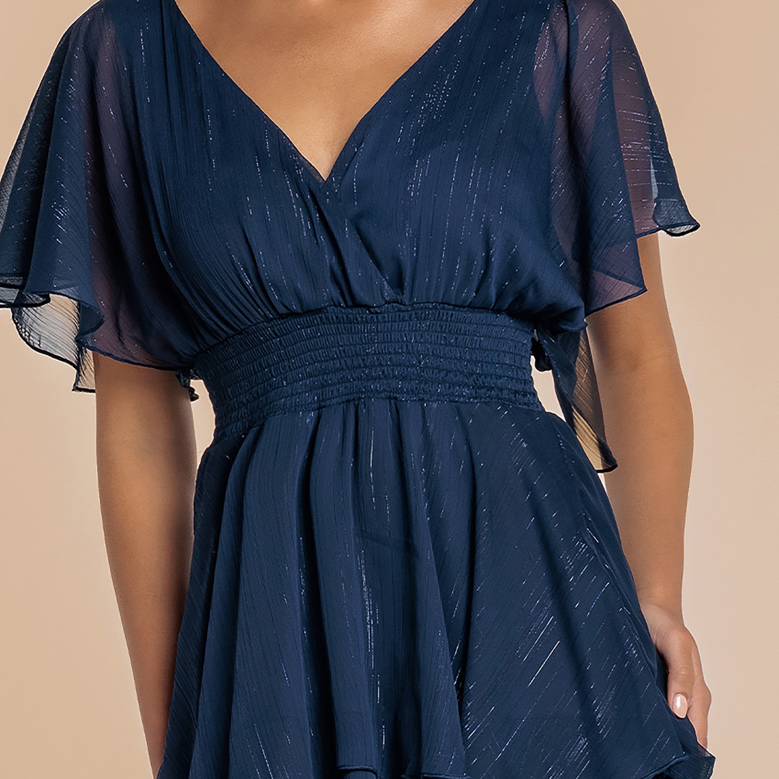 Goddiva Shimmer Effect Flutter Sleeves Layered Navy Women's Evening Maxi Dress-women-clothing-dresses-image-2