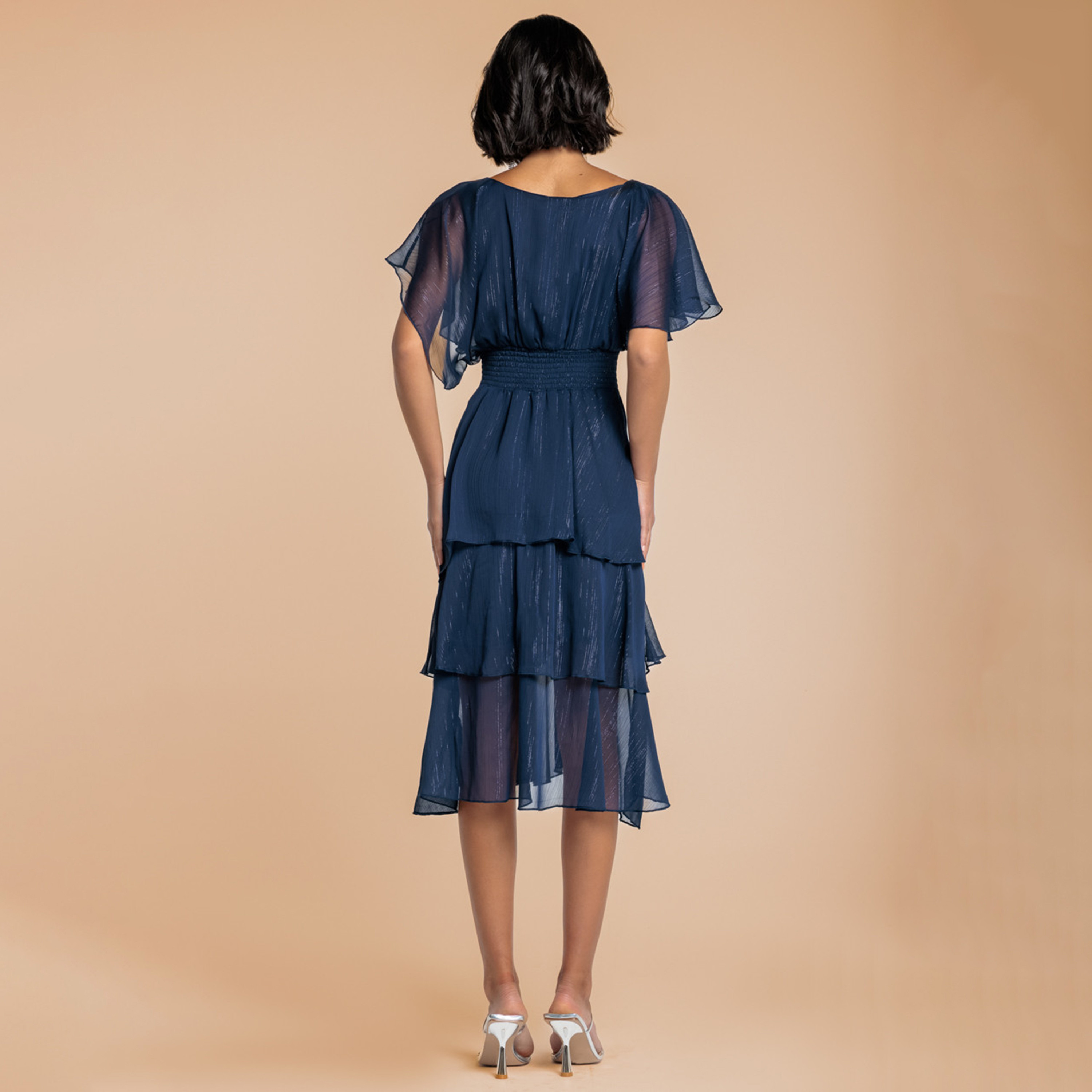 Goddiva Shimmer Effect Flutter Sleeves Layered Navy Women's Evening Maxi Dress-women-clothing-dresses-image-3