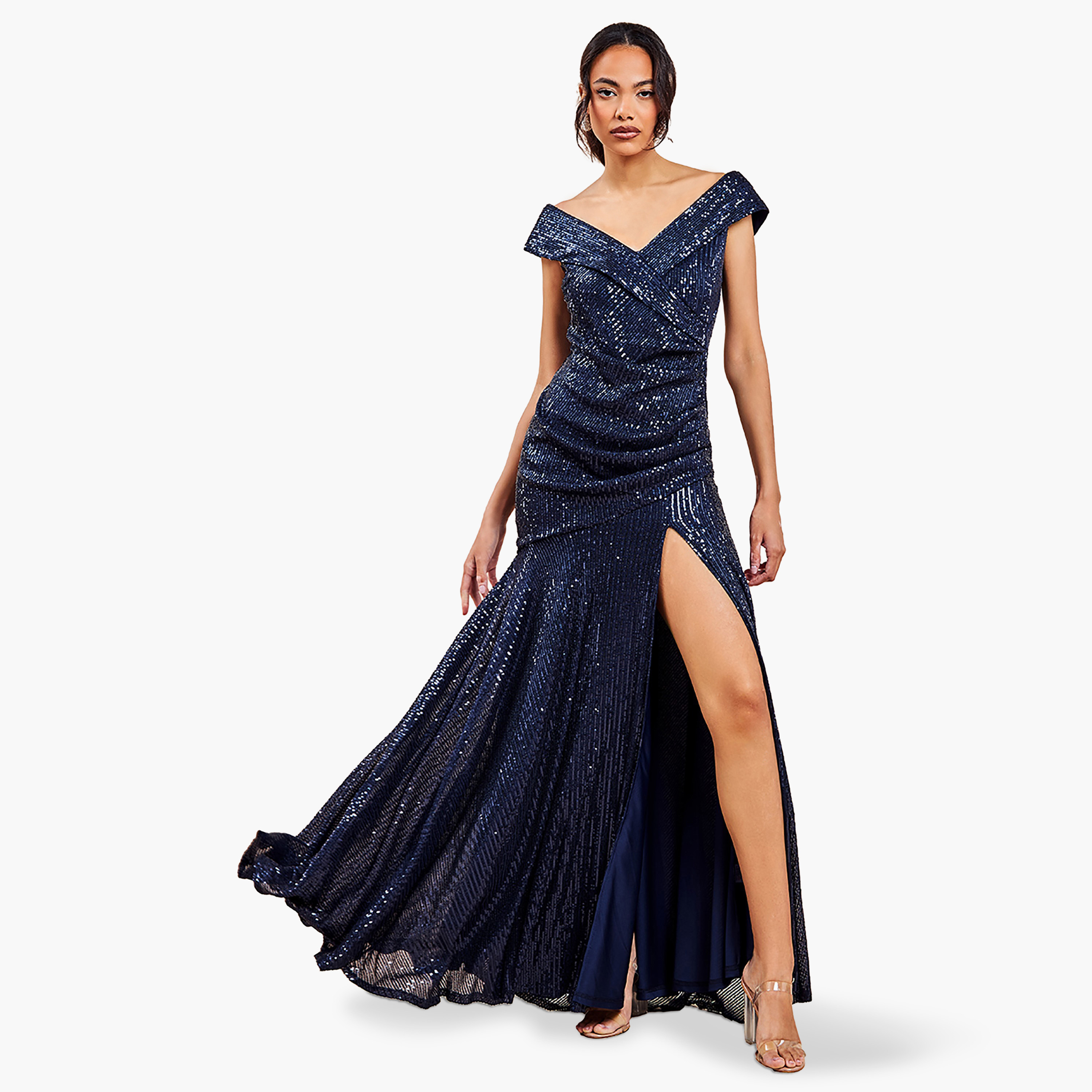 Goddiva Sequins Bardot Neck Slit Off Shoulder Maxi Dress-women-clothing-dresses-image-1