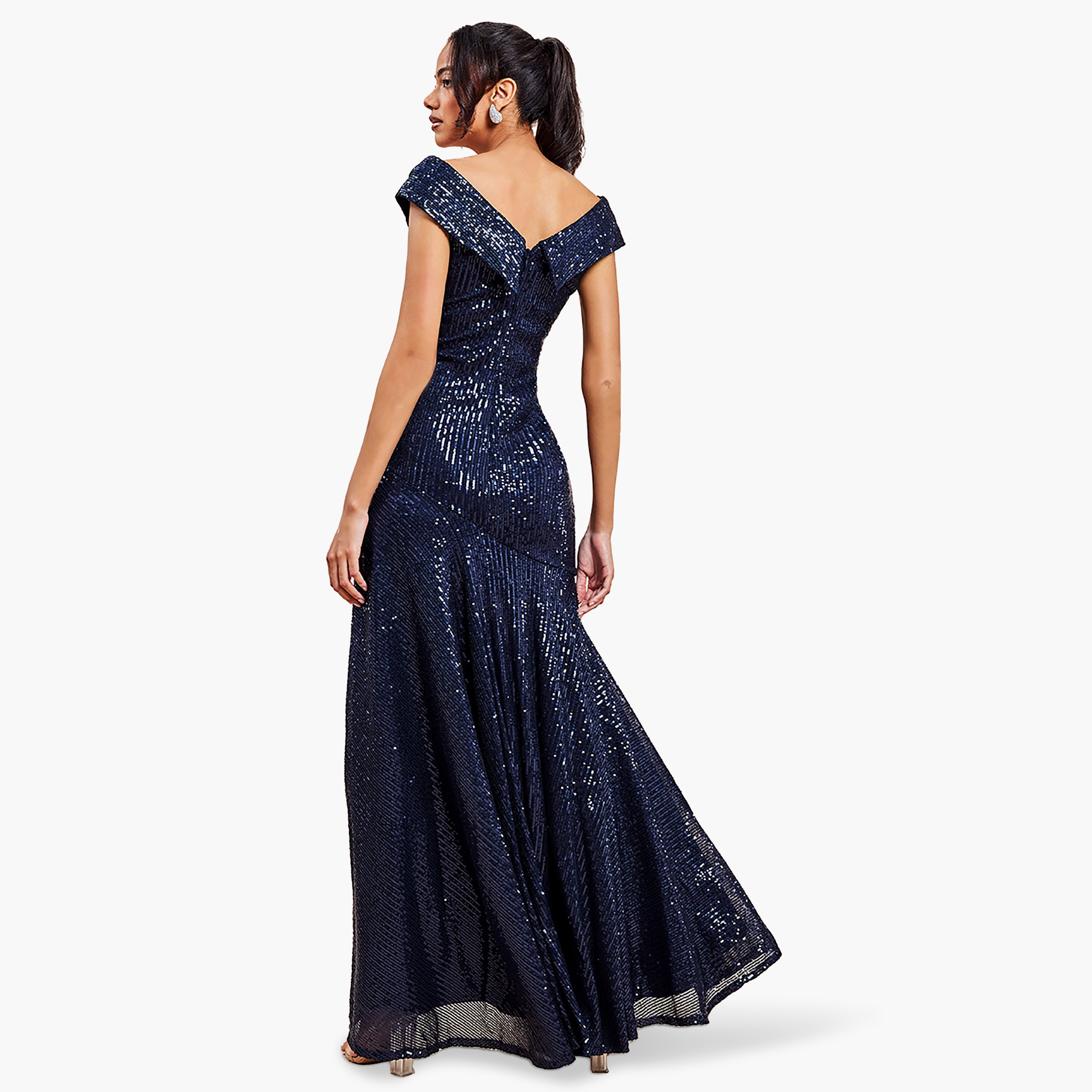 Goddiva Sequins Bardot Neck Slit Off Shoulder Maxi Dress-women-clothing-dresses-image-2