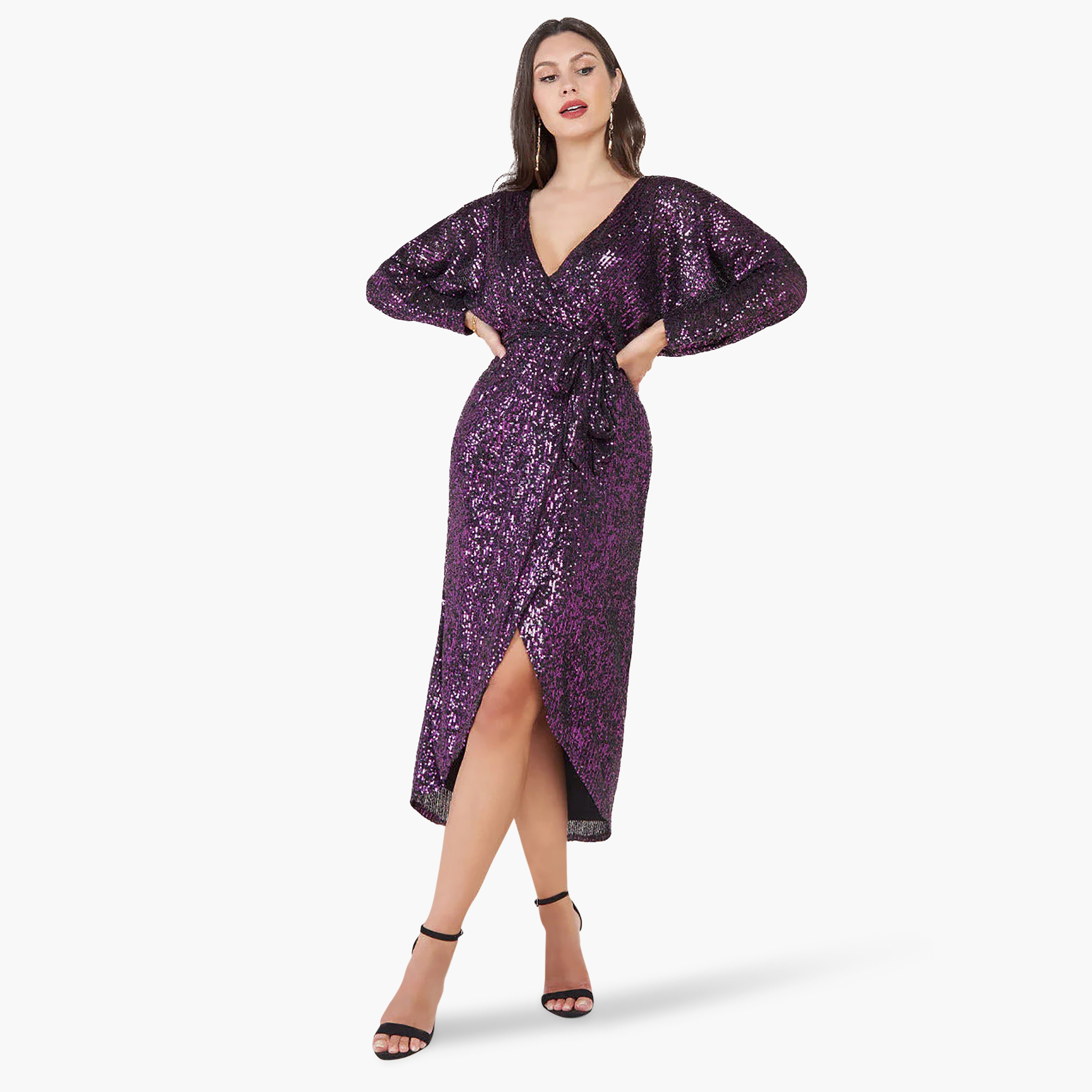 Goddiva Sequins V-Neck Wrap Midi Dress-women-clothing-dresses-image-1