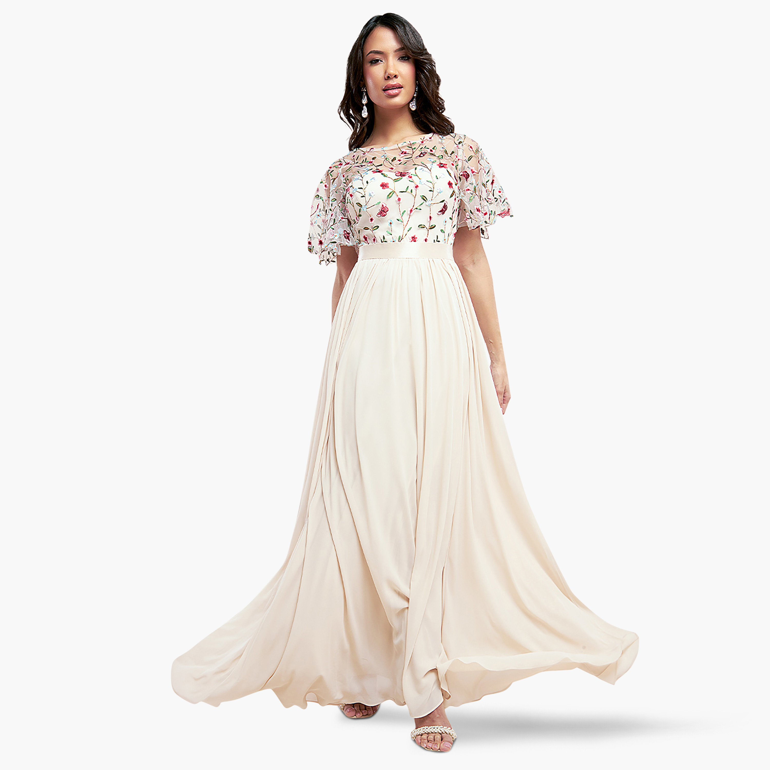 Buy Women s Goddiva Embroidered Round Neck Pleated Maxi Dress Online Centrepoint Qatar