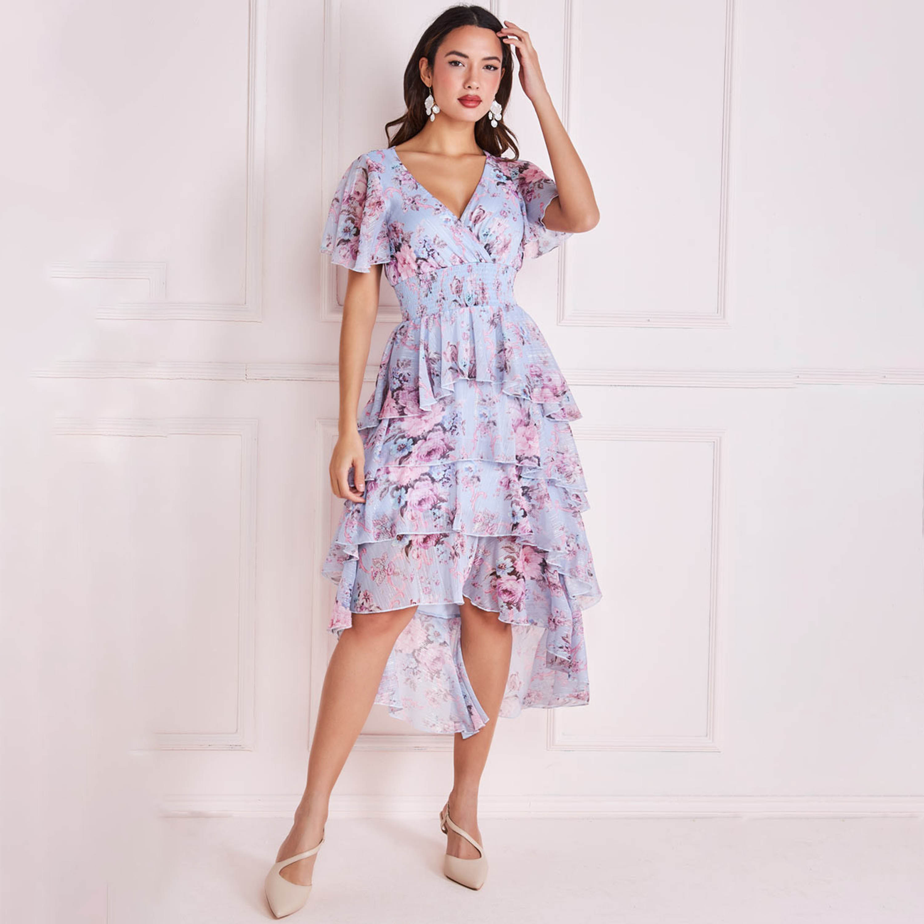 Goddiva Floral Chiffon Flutter Sleeves Layered Light Blue Women's Evening Maxi Dress-women-clothing-dresses-image-1
