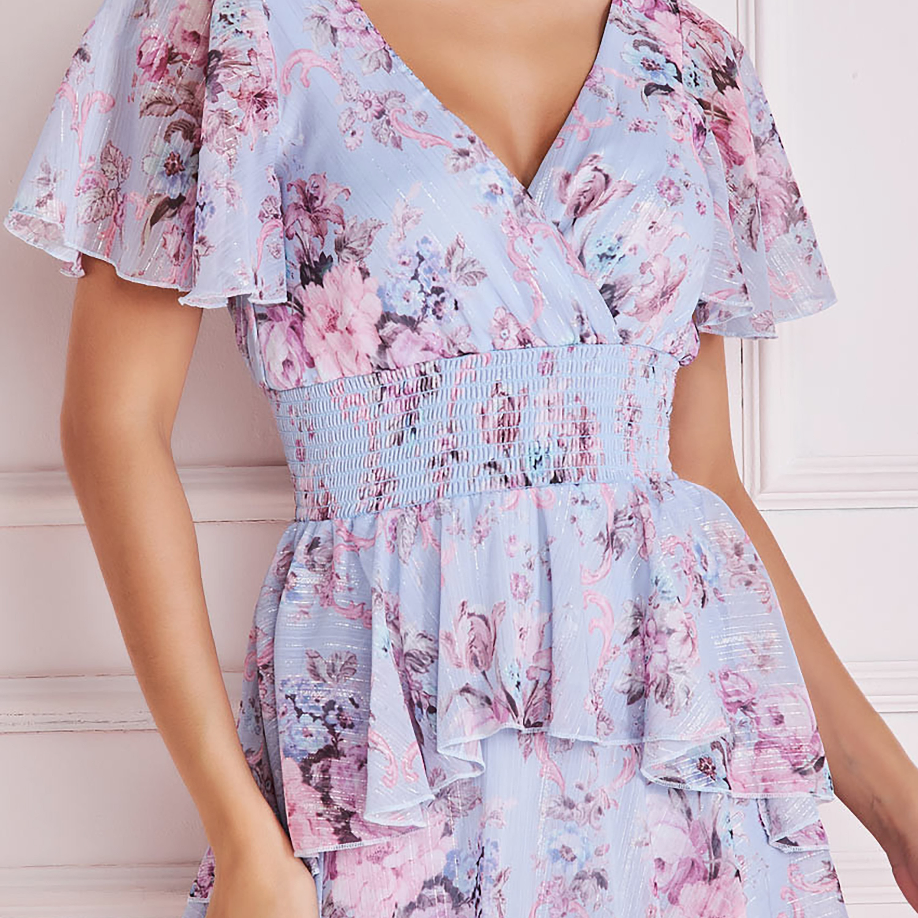 Goddiva Floral Chiffon Flutter Sleeves Layered Light Blue Women's Evening Maxi Dress-women-clothing-dresses-image-2