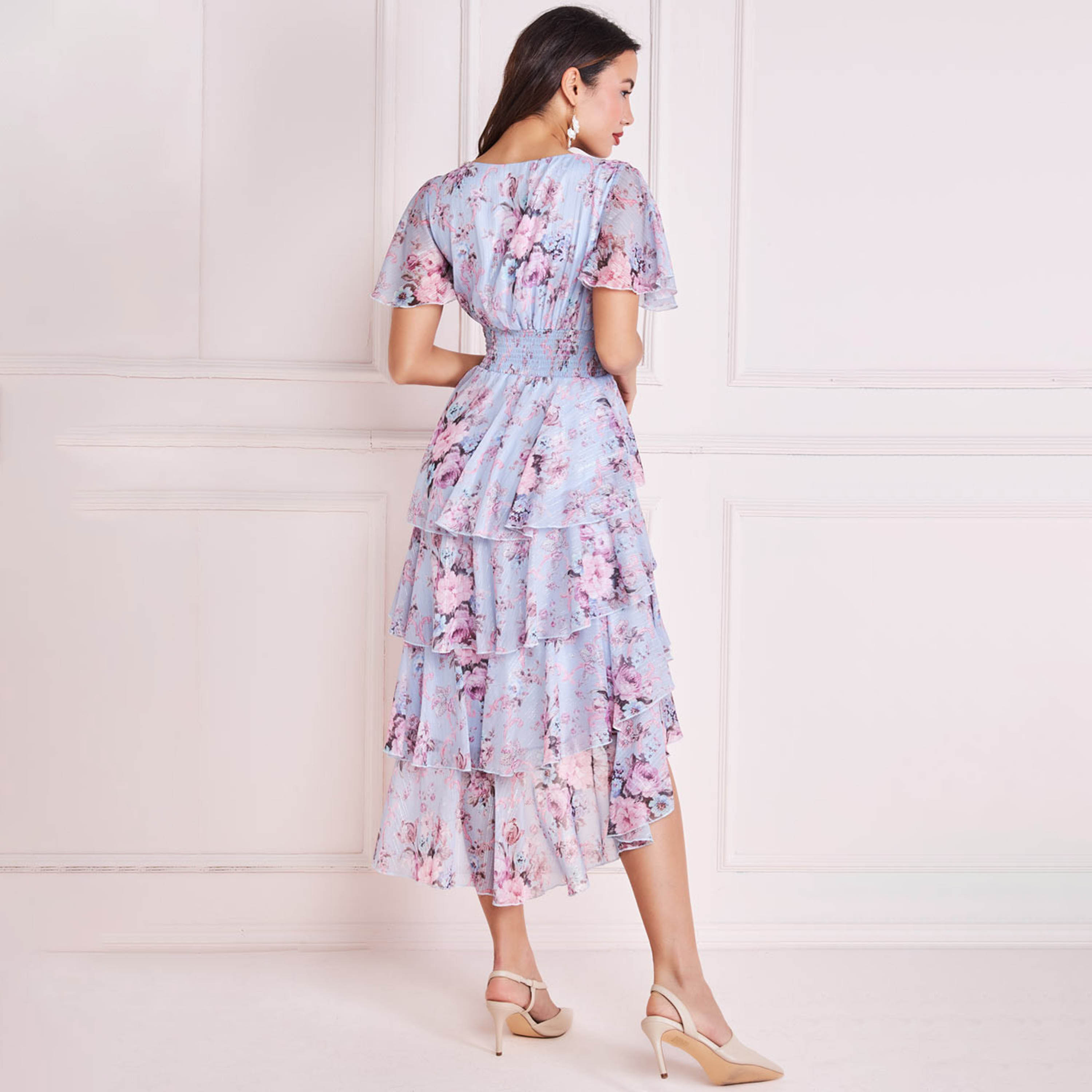 Goddiva Floral Chiffon Flutter Sleeves Layered Light Blue Women's Evening Maxi Dress-women-clothing-dresses-image-3