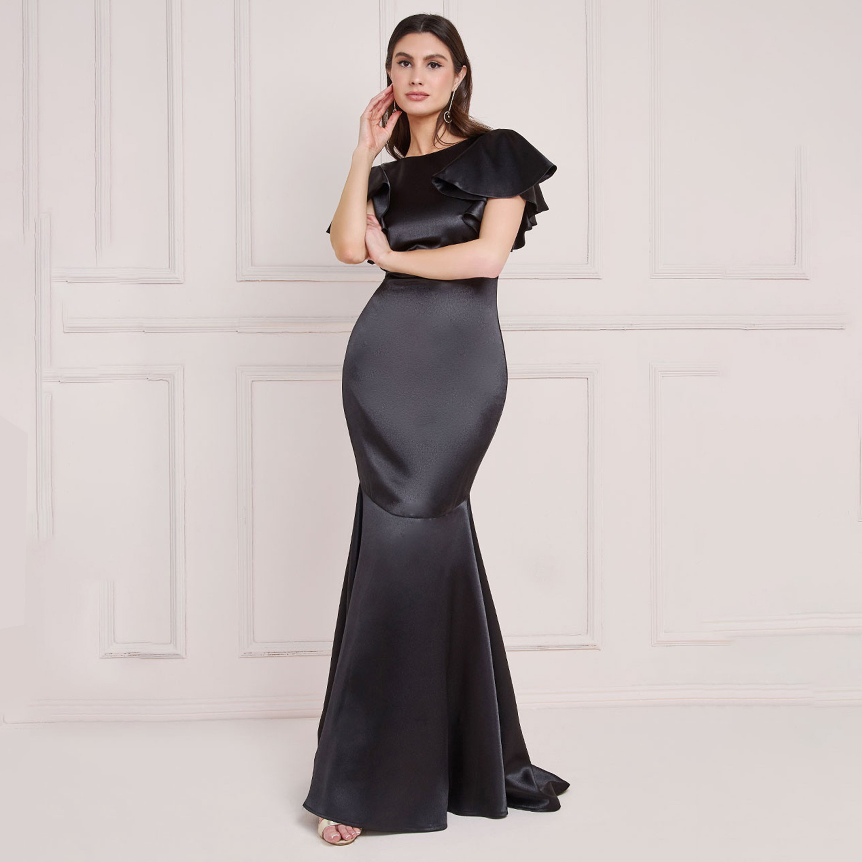 Goddiva Flutter Sleeves Mermaid Black Women's Evening Maxi Dress-women-clothing-dresses-image-1