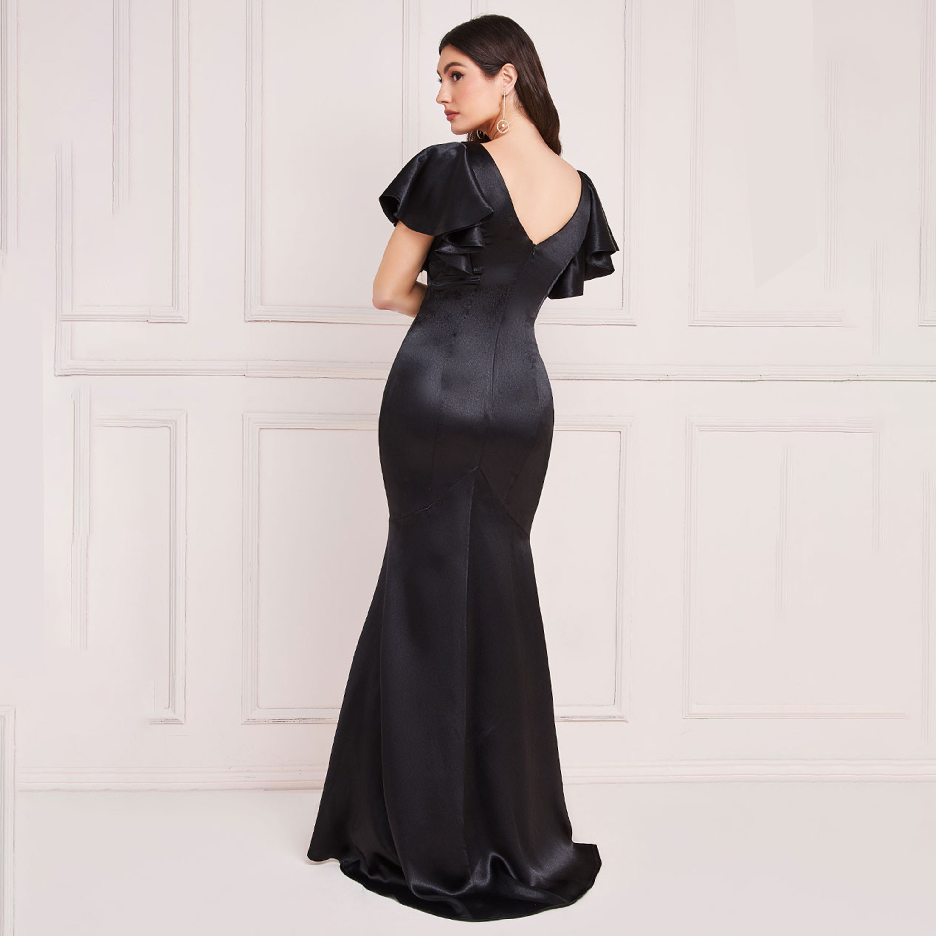 Goddiva Flutter Sleeves Mermaid Black Women's Evening Maxi Dress-women-clothing-dresses-image-3
