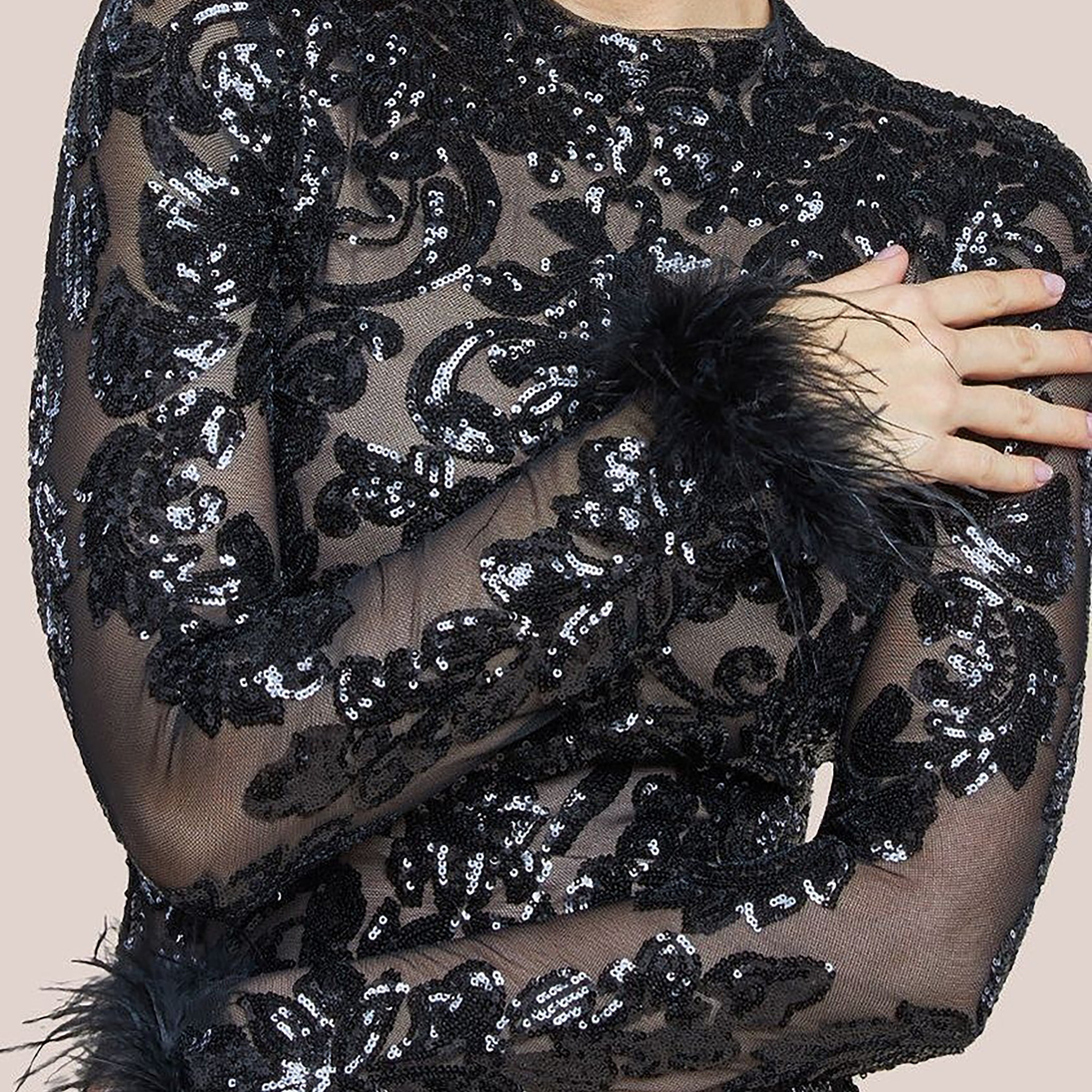 Goddiva Baroque-Inspired Gold Sequin High Neck Faux Fur Cuffs Sleeves Evening Women's Gown-women-clothing-dresses-image-7