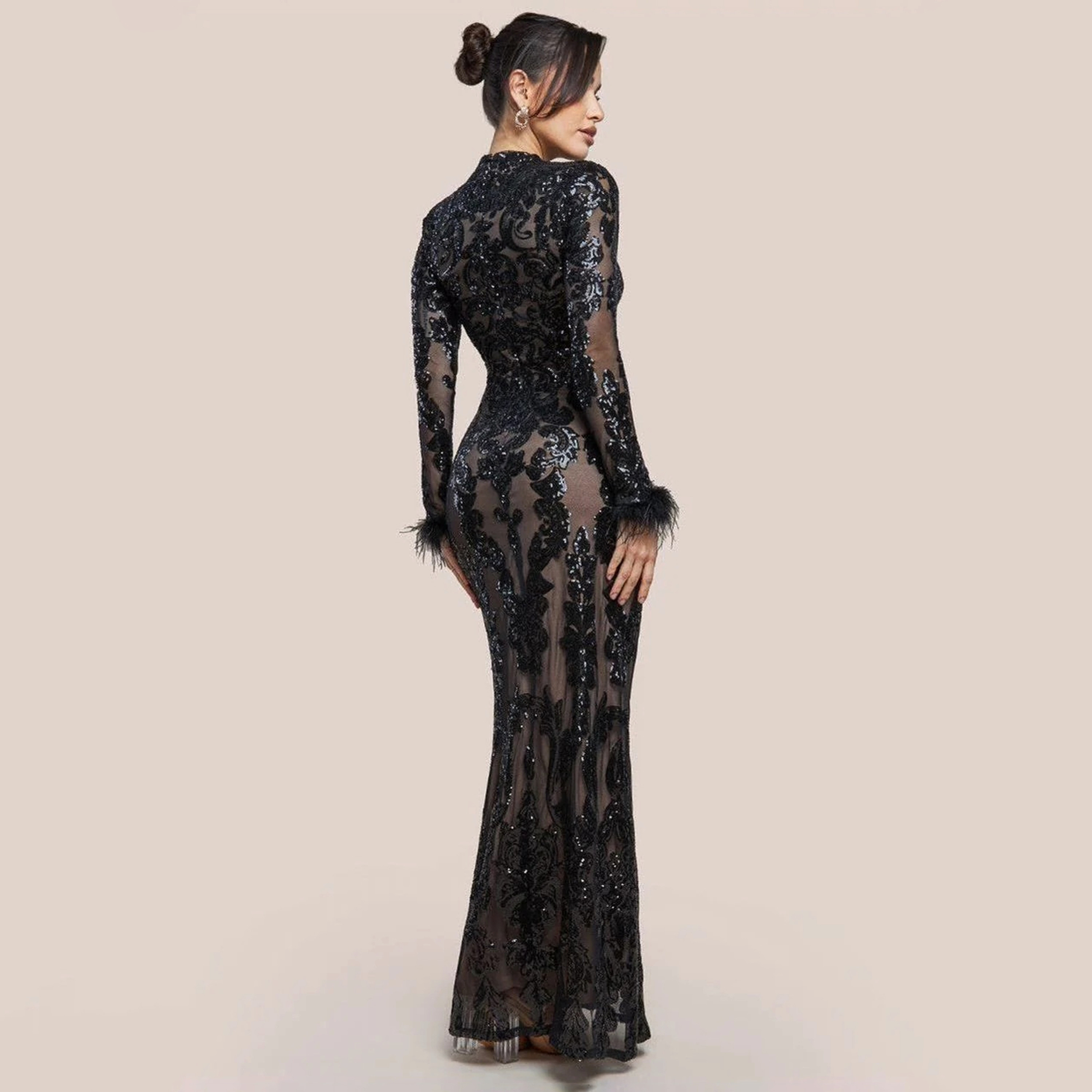 Goddiva Baroque-Inspired Gold Sequin High Neck Faux Fur Cuffs Sleeves Evening Women's Gown-women-clothing-dresses-image-9