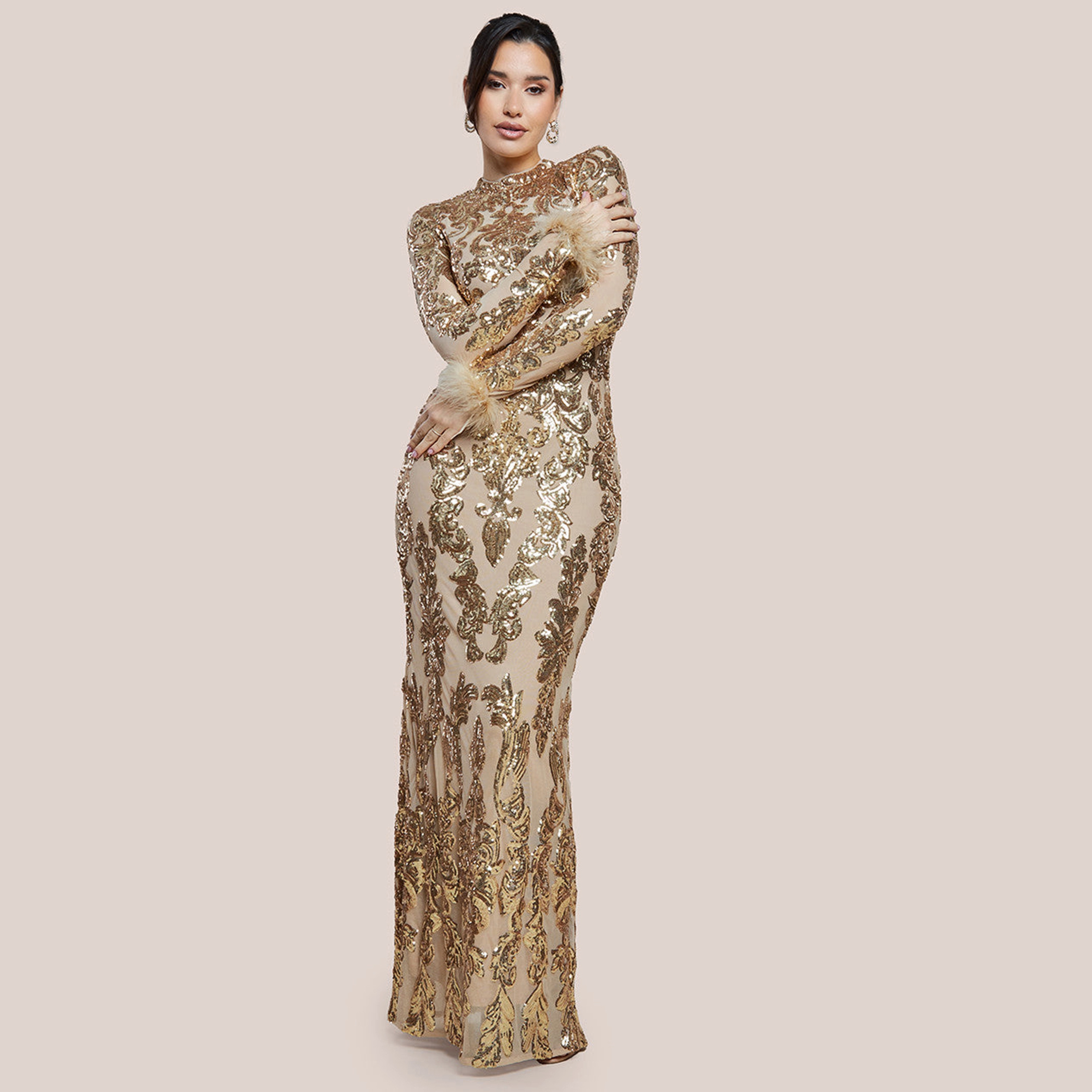 Goddiva Baroque-Inspired Gold Sequin High Neck Faux Fur Cuffs Sleeves Evening Women's Gown-women-clothing-dresses-image-1