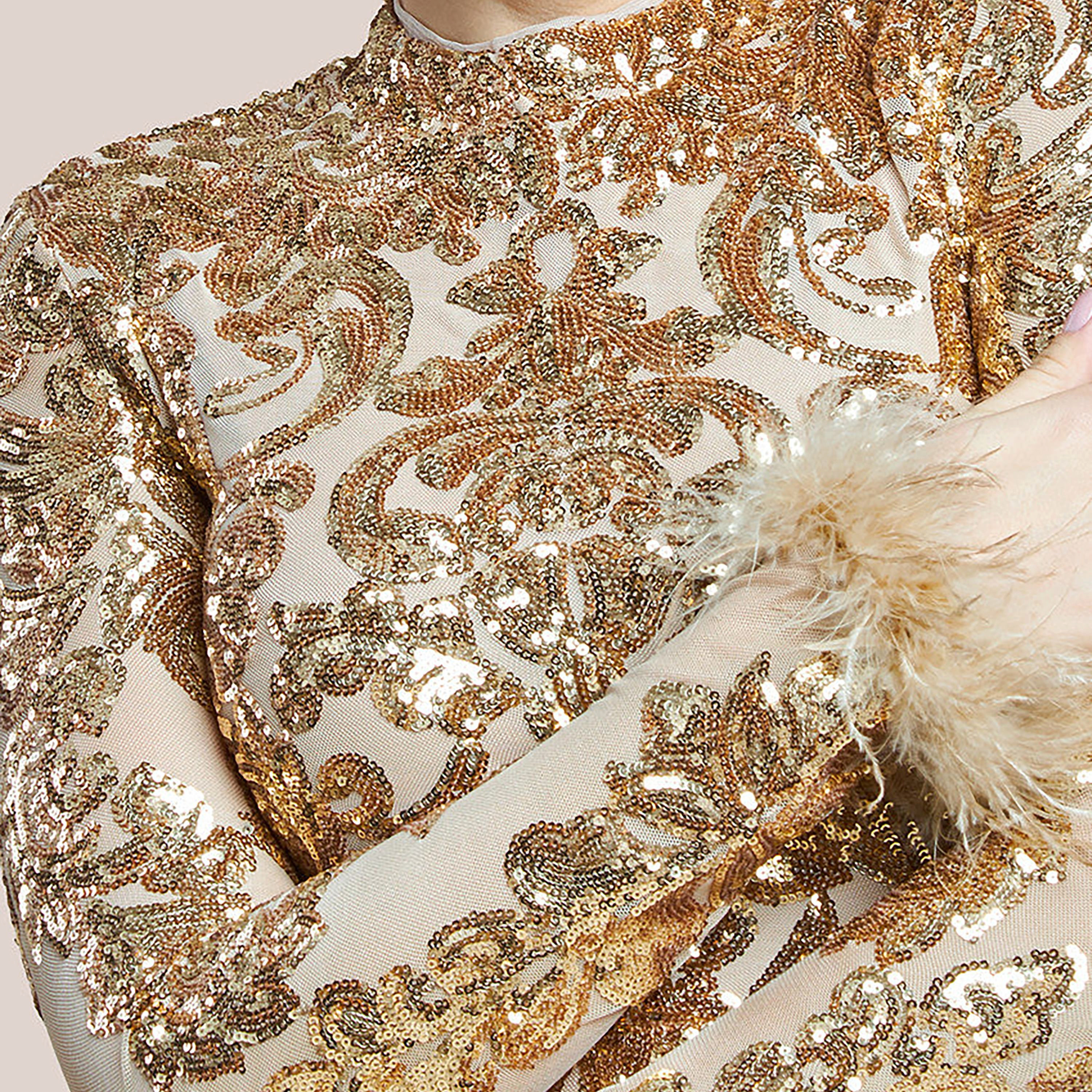 Goddiva Baroque-Inspired Gold Sequin High Neck Faux Fur Cuffs Sleeves Evening Women's Gown-women-clothing-dresses-image-2