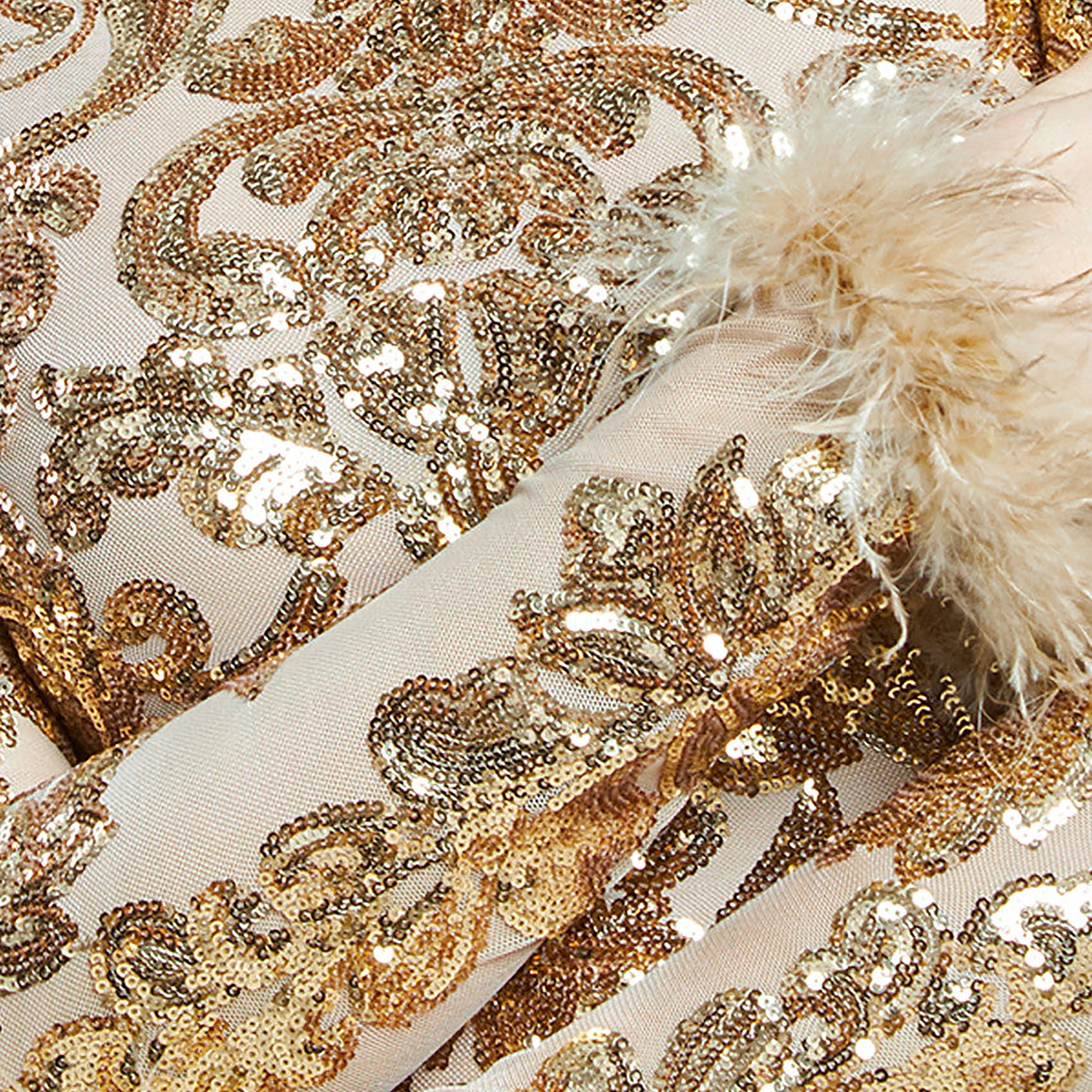 Goddiva Baroque-Inspired Gold Sequin High Neck Faux Fur Cuffs Sleeves Evening Women's Gown-women-clothing-dresses-image-3