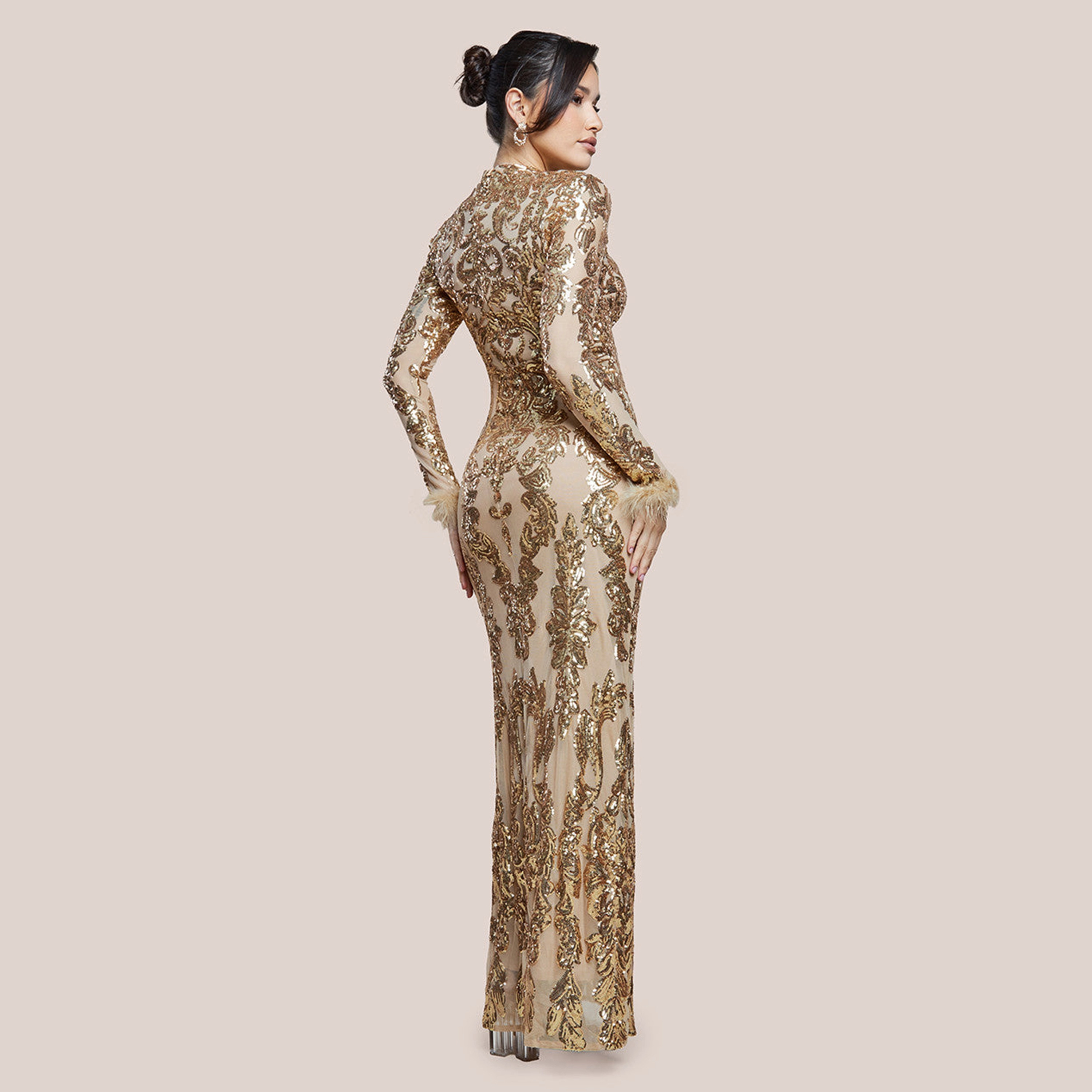 Goddiva Baroque-Inspired Gold Sequin High Neck Faux Fur Cuffs Sleeves Evening Women's Gown-women-clothing-dresses-image-4