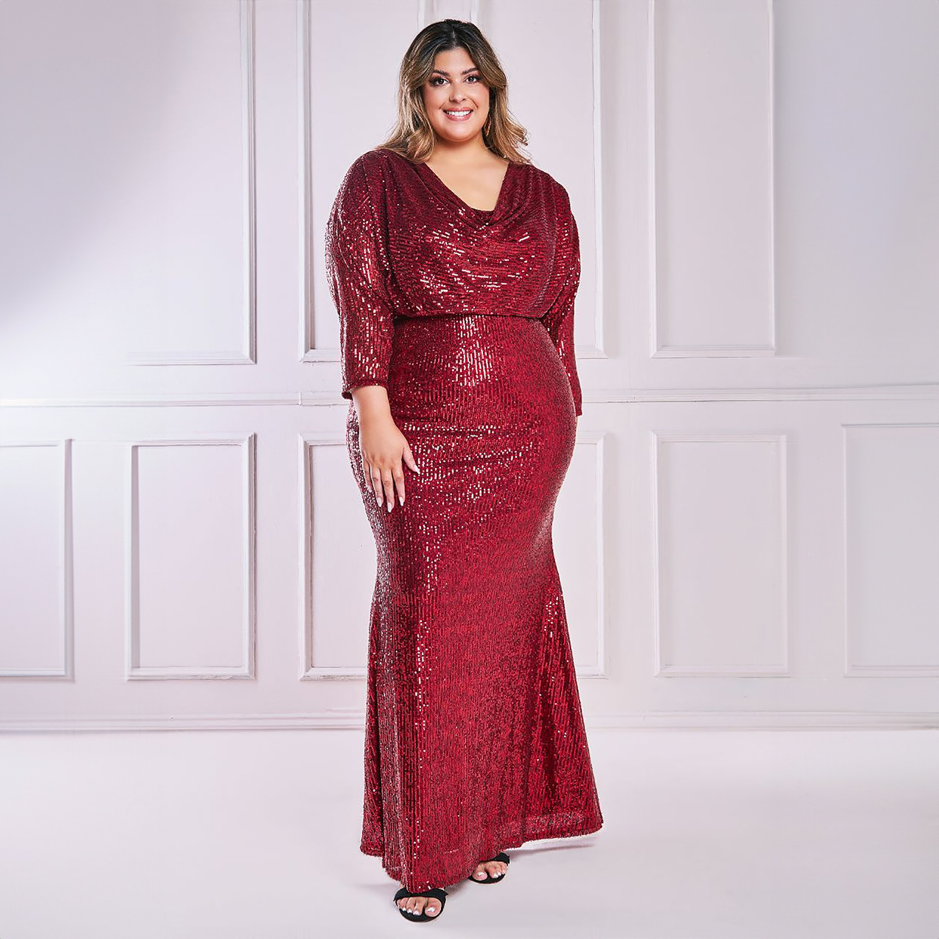 فستان ماكسي فيش تيل برقبة كاول مع سكوینس ذو مقاس كبير من جوديفا-women-clothing-dresses-image-1
