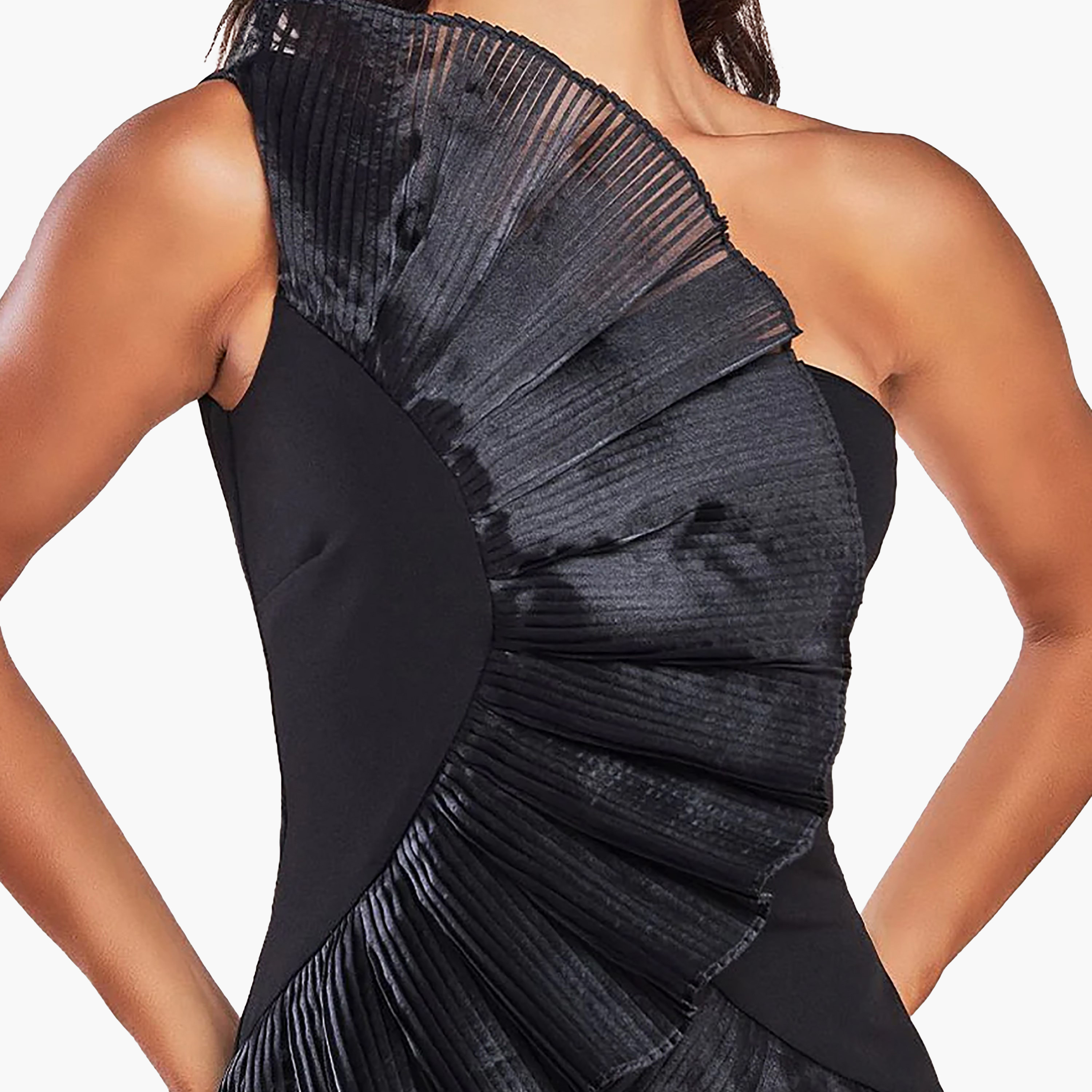 فستان متوسط الطول مع بوديكون بكتف واحد مطوي من جوديفا-women-clothing-dresses-image-3