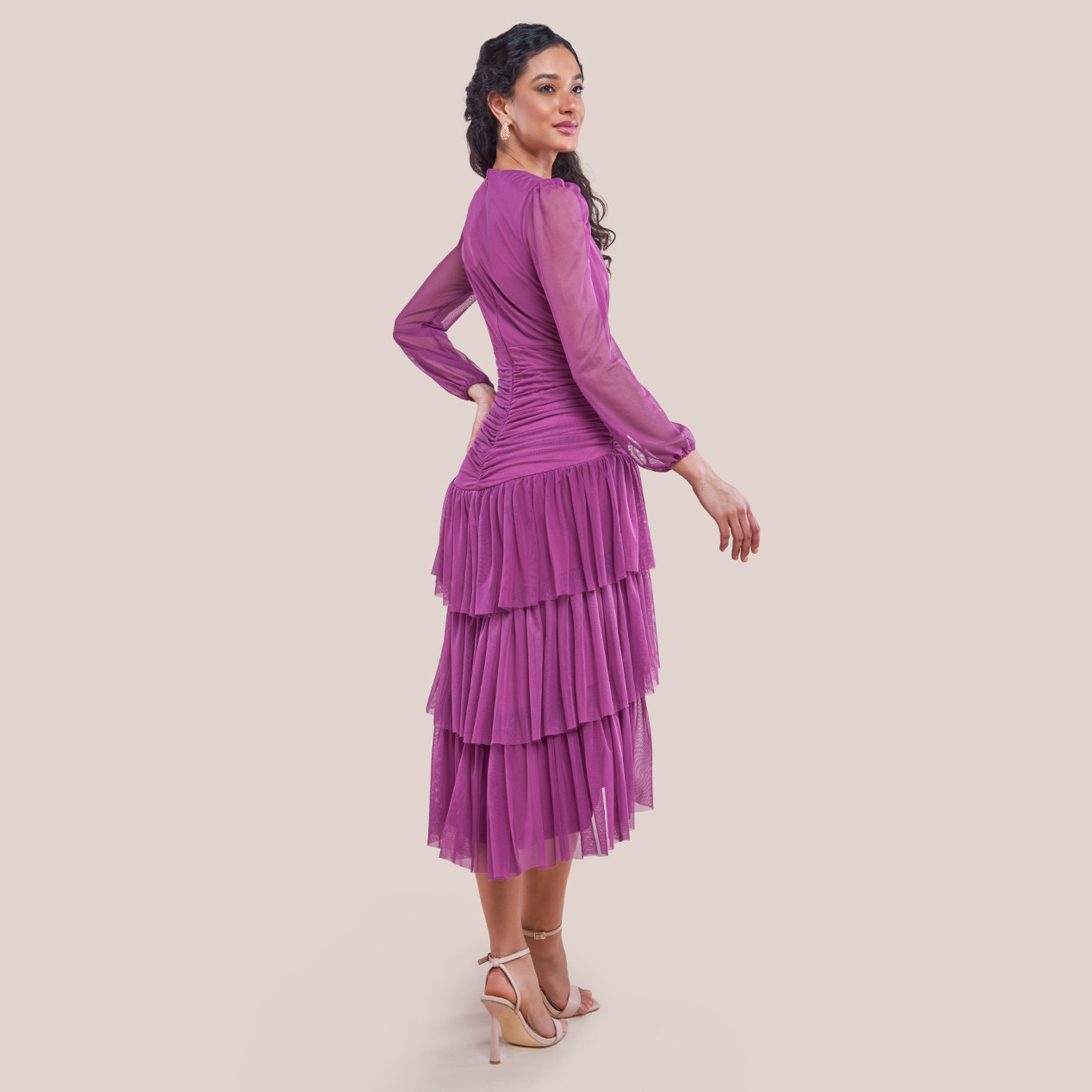 فستان سهرة نسائي ميدي بطبقات وأكمام منفوشة وتصميم مزموم باللون الأرجواني من جوديفا-women-clothing-dresses-image-3