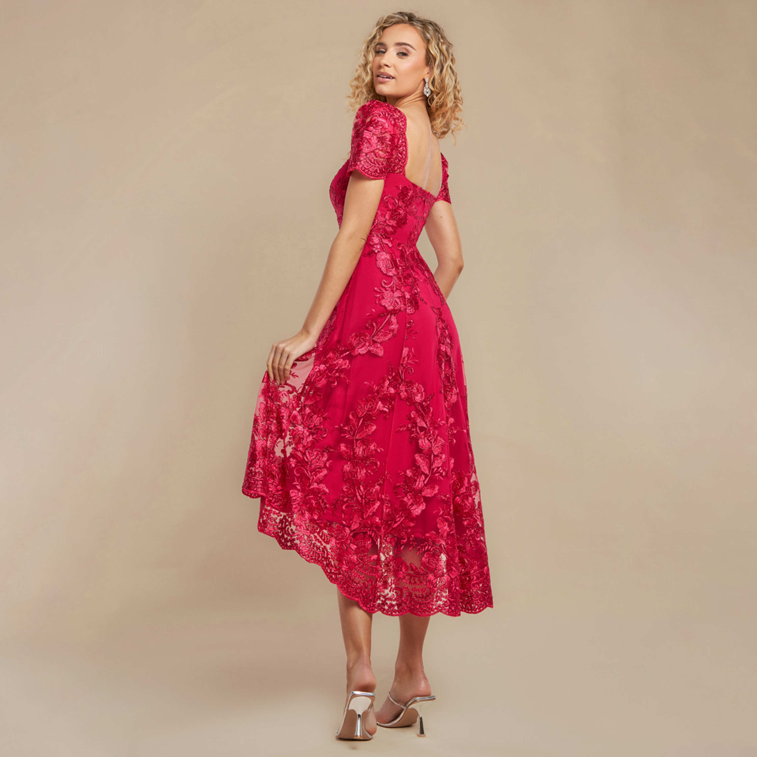 فستان سهرة نسائي ميدي بياقة مربعة مطرزة من الدانتيل وأكمام منفوشة من جوديفا-women-clothing-dresses-image-3