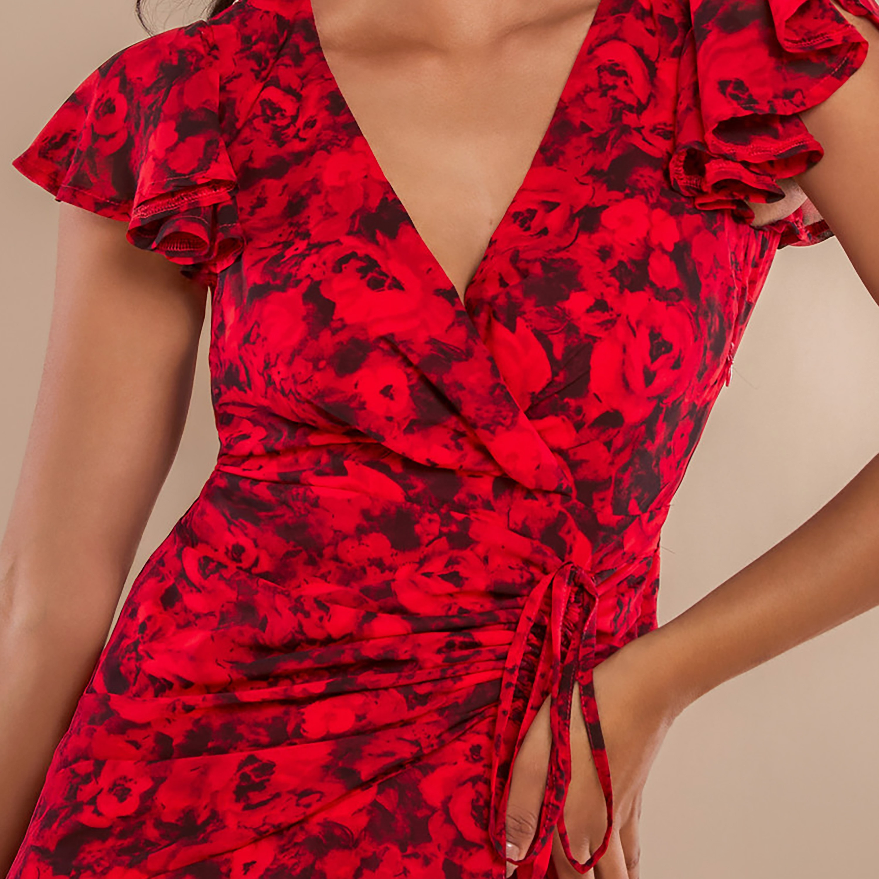 Goddiva Floral Jacquard Chiffon Flutter Sleeves Flared Red Women's Evening Midi Dress-women-clothing-dresses-image-2