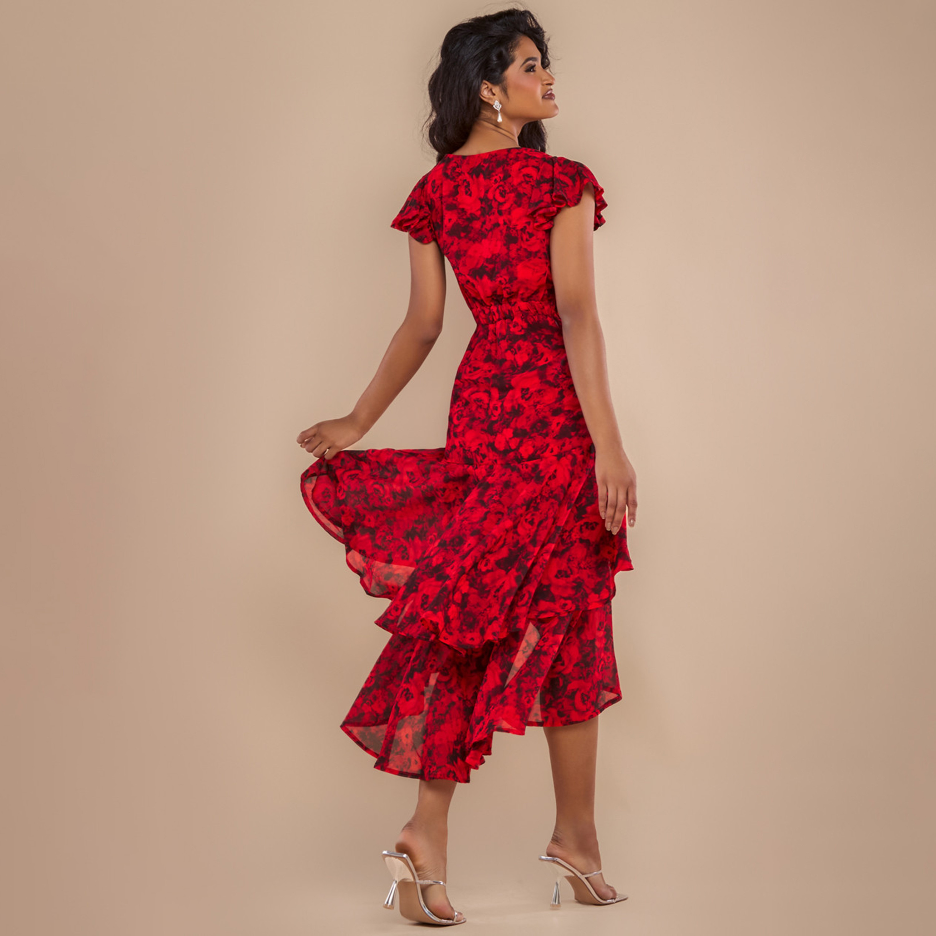 Goddiva Floral Jacquard Chiffon Flutter Sleeves Flared Red Women's Evening Midi Dress-women-clothing-dresses-image-3