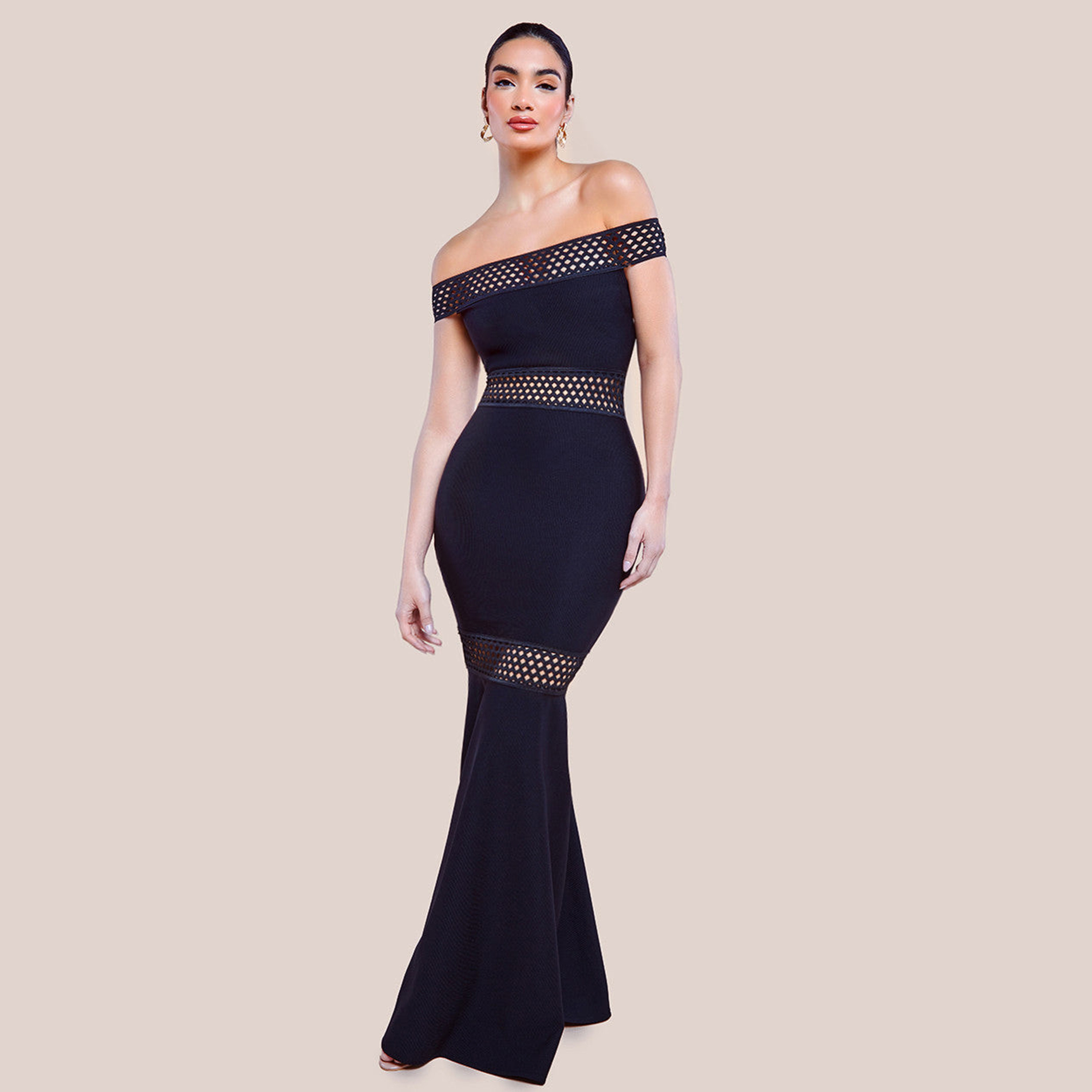 فستان سهرة نسائي ماكسي بتصميم حورية البحر وياقة باردو وقَطع هندسية باللون الكحلي من جوديفا-women-clothing-dresses-image-1