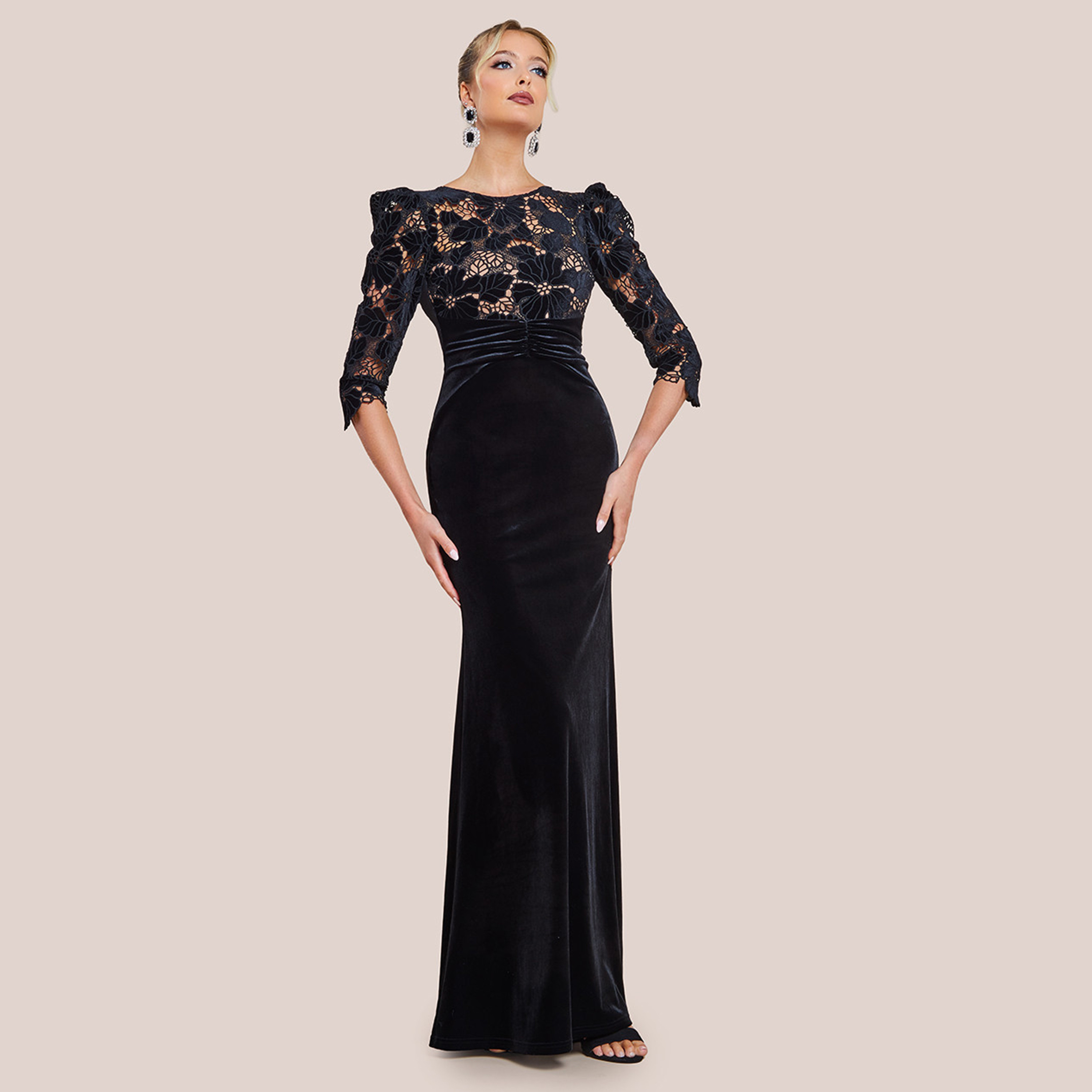 Goddiva Floral Lace Velvet Puff Sleeves Sheath Black Women's Evening Maxi Dress-women-clothing-dresses-image-1