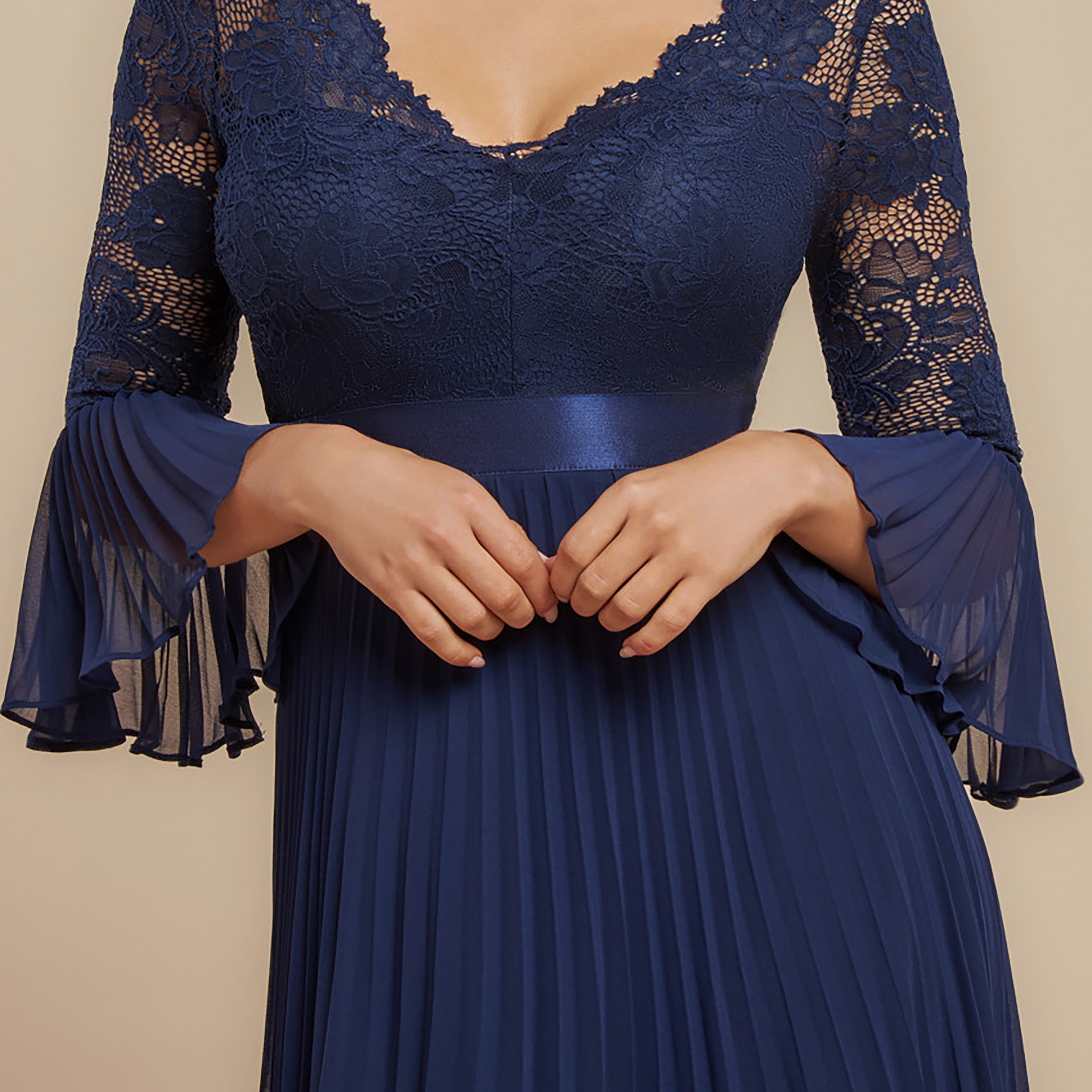 Goddiva Pleated Chiffon Bell Sleeves Empire Women's Evening Maxi Dress-women-clothing-dresses-image-2