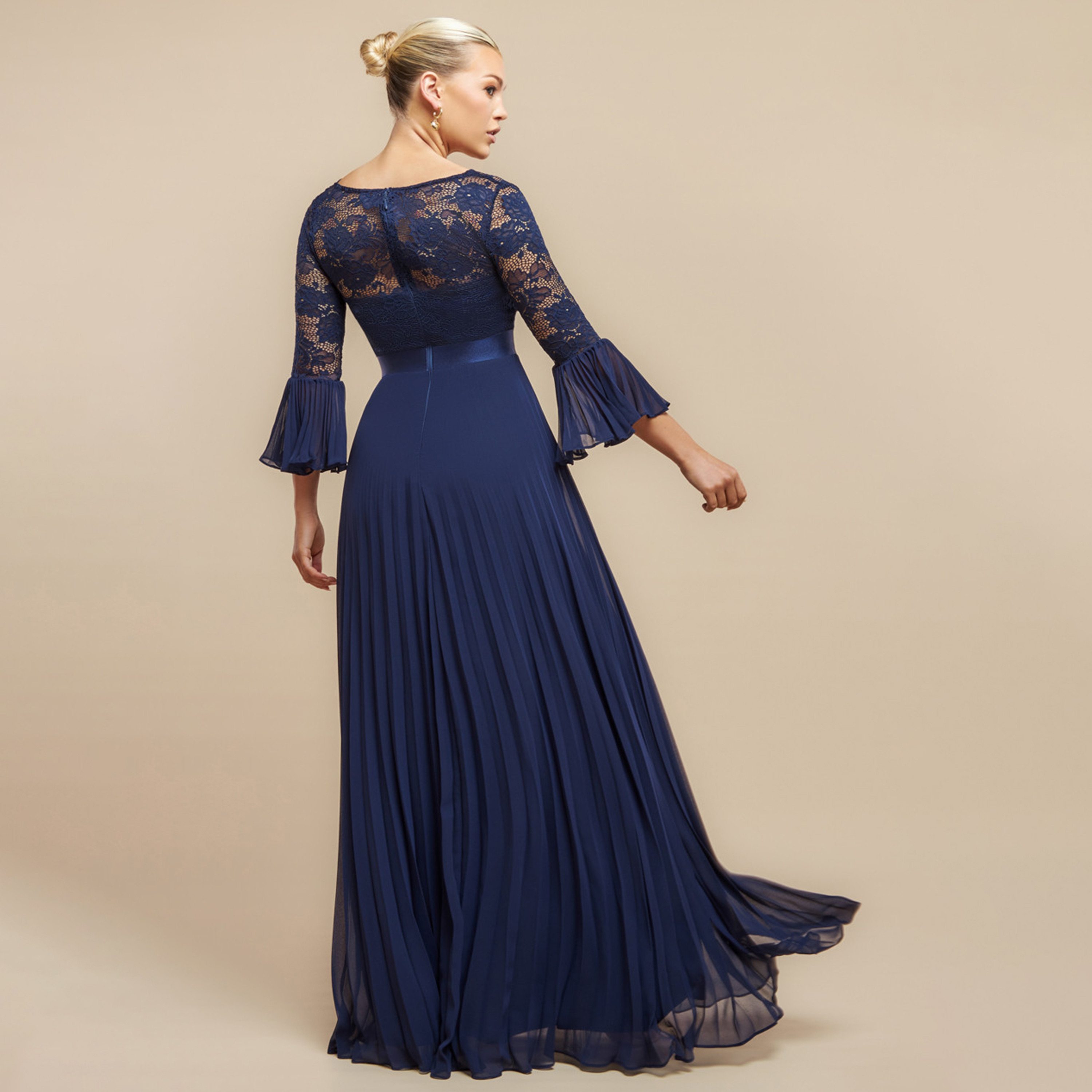 Goddiva Pleated Chiffon Bell Sleeves Empire Women's Evening Maxi Dress-women-clothing-dresses-image-3