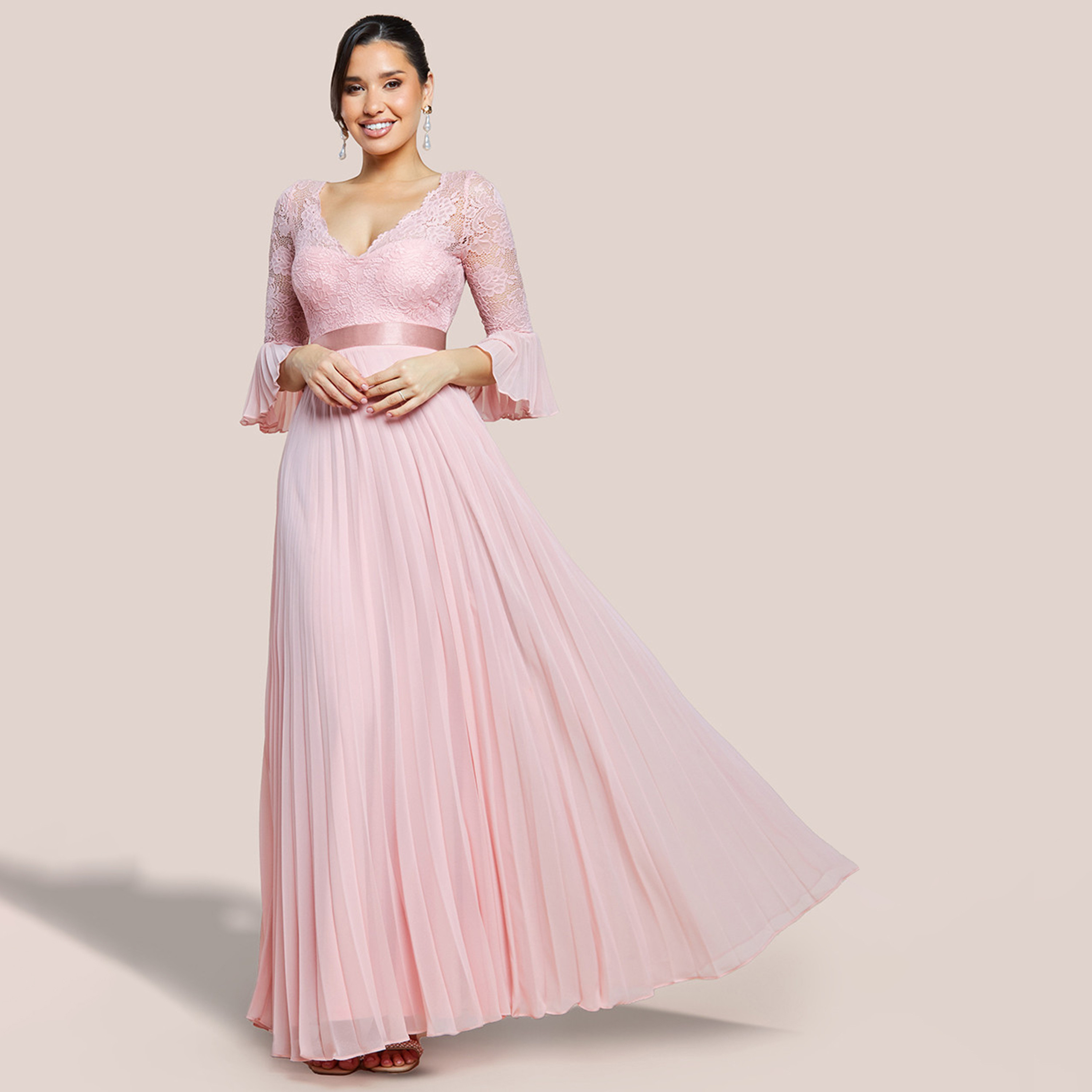 فستان سهرة نسائي ماكسي بقصة إمبراطورية وشيفون مطوي وأكمام جرس من جوديفا-women-clothing-dresses-image-1