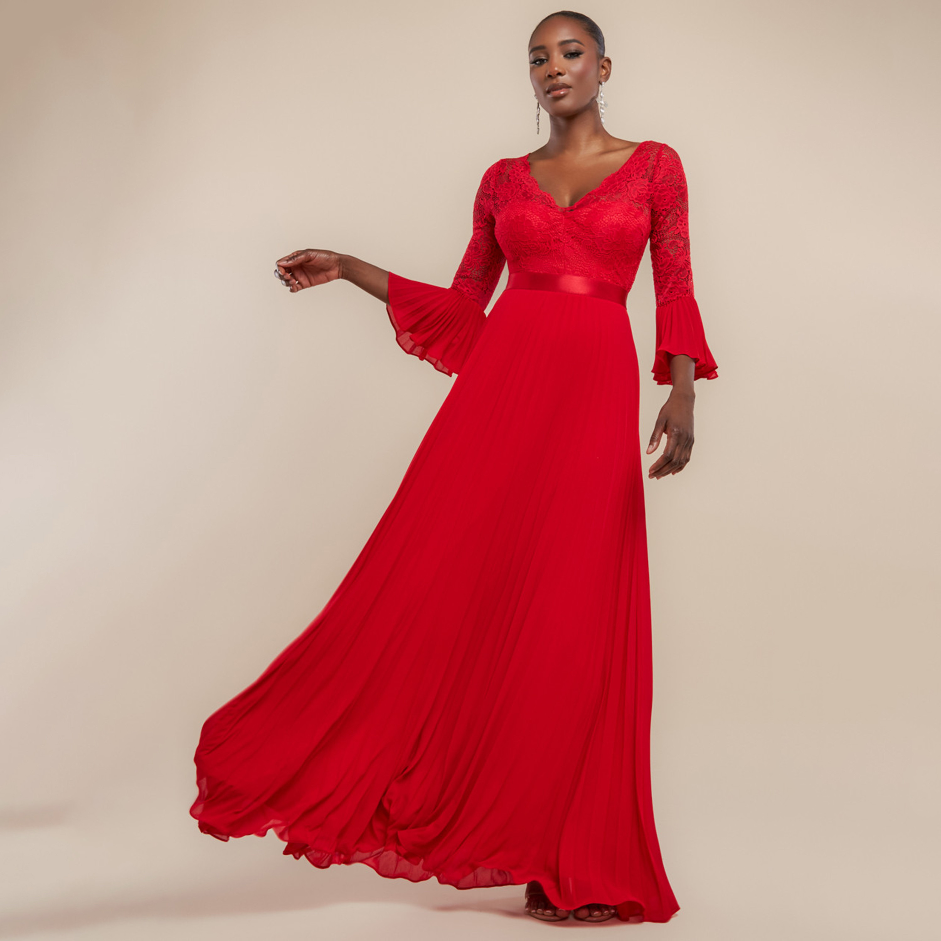 فستان سهرة نسائي ماكسي بقصة إمبراطورية وشيفون مطوي وأكمام جرس من جوديفا-women-clothing-dresses-image-4