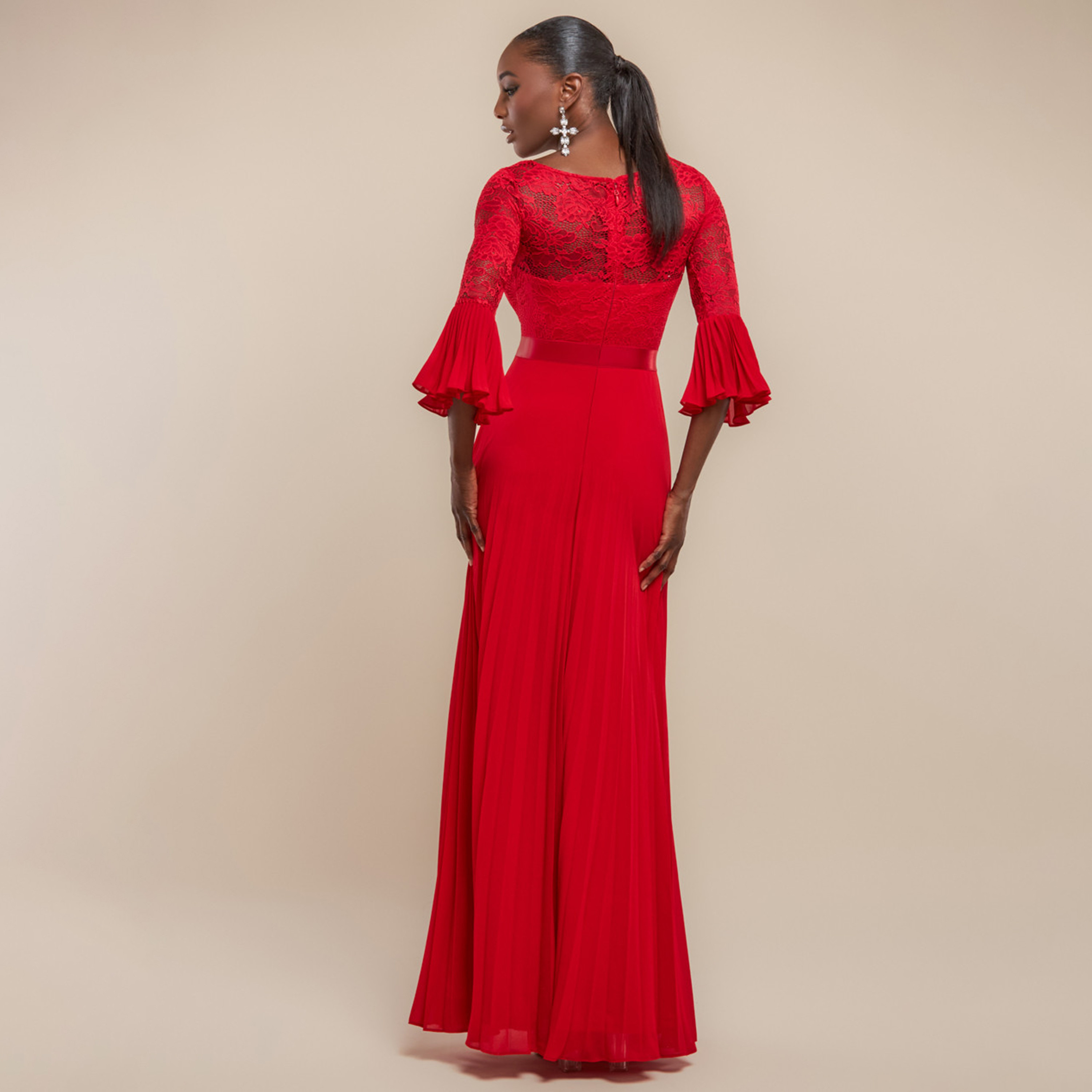 فستان سهرة نسائي ماكسي بقصة إمبراطورية وشيفون مطوي وأكمام جرس من جوديفا-women-clothing-dresses-image-6