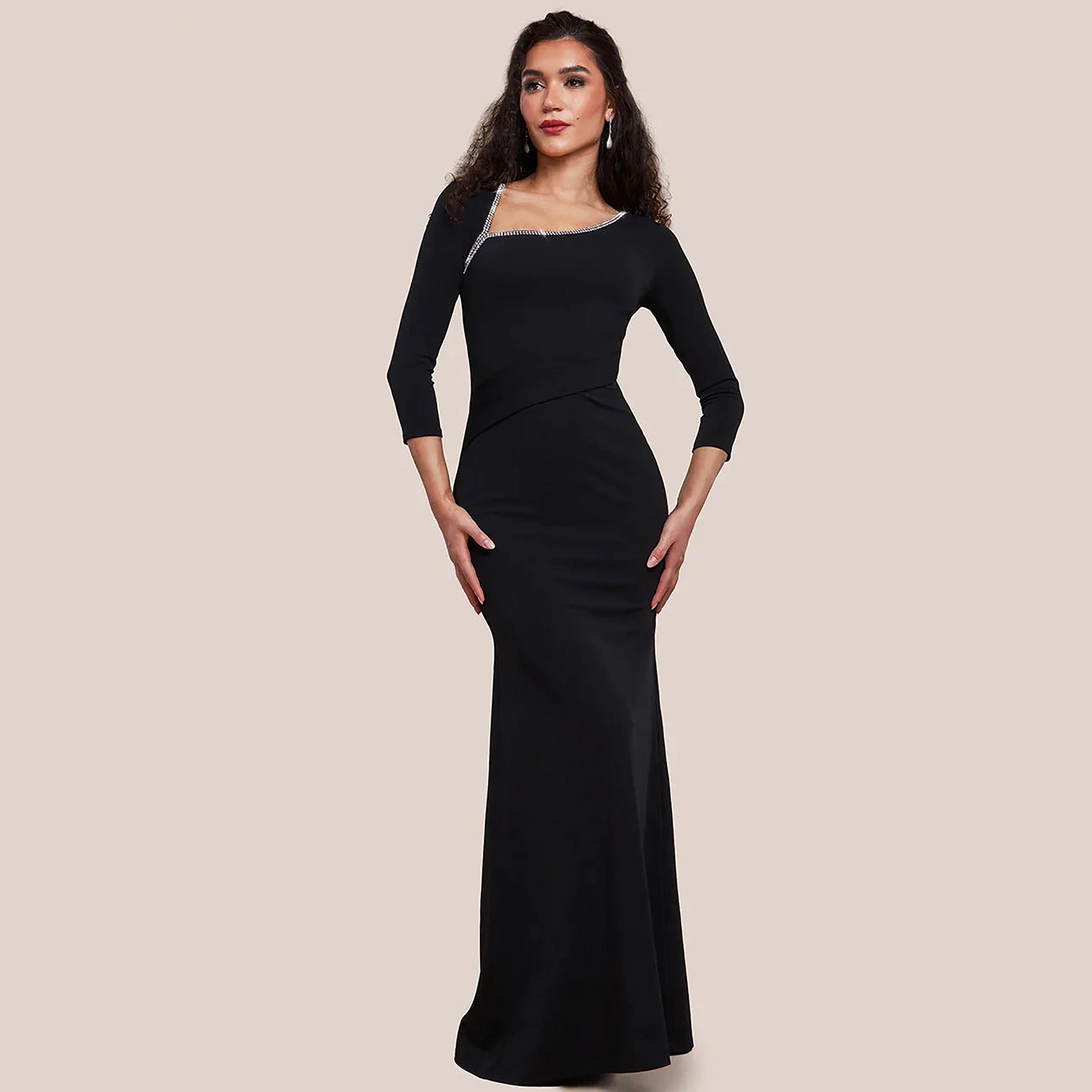 Goddiva Black Rhinestone-Embellished Asymmetric Neckline Evening Women's Mermaid Gown-women-clothing-dresses-image-1