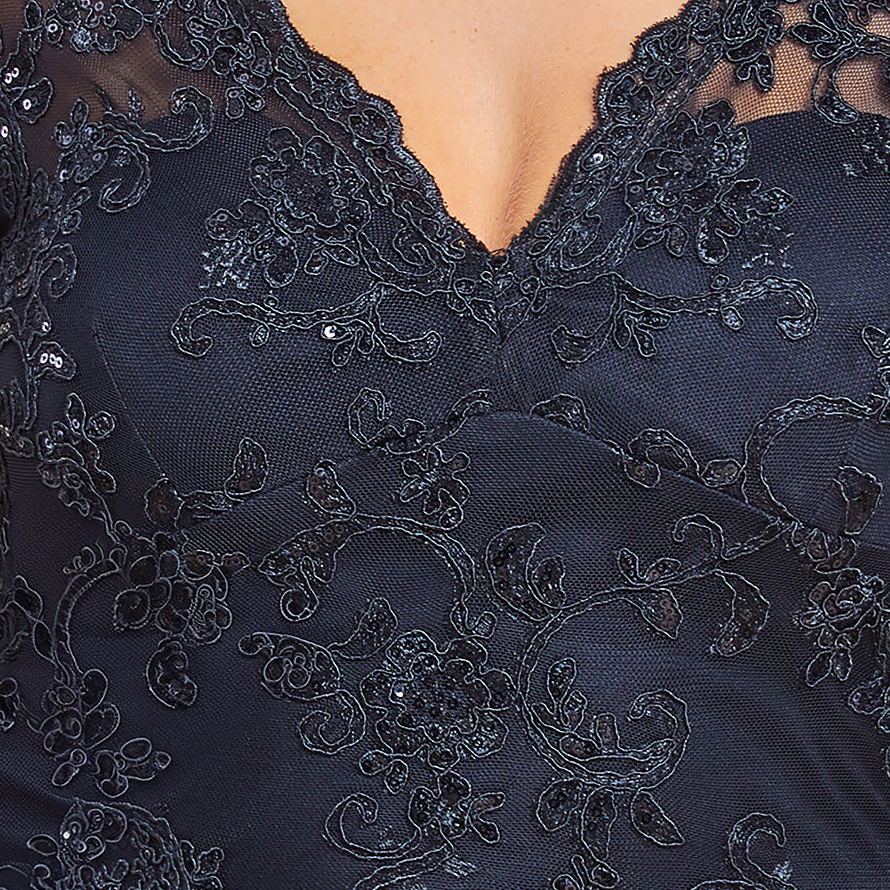 Goddiva Navy Lace Embroidery and Sequin Deep V Neck Puff Sleeves Evening Women's Mermaid Gown-women-clothing-dresses-image-3