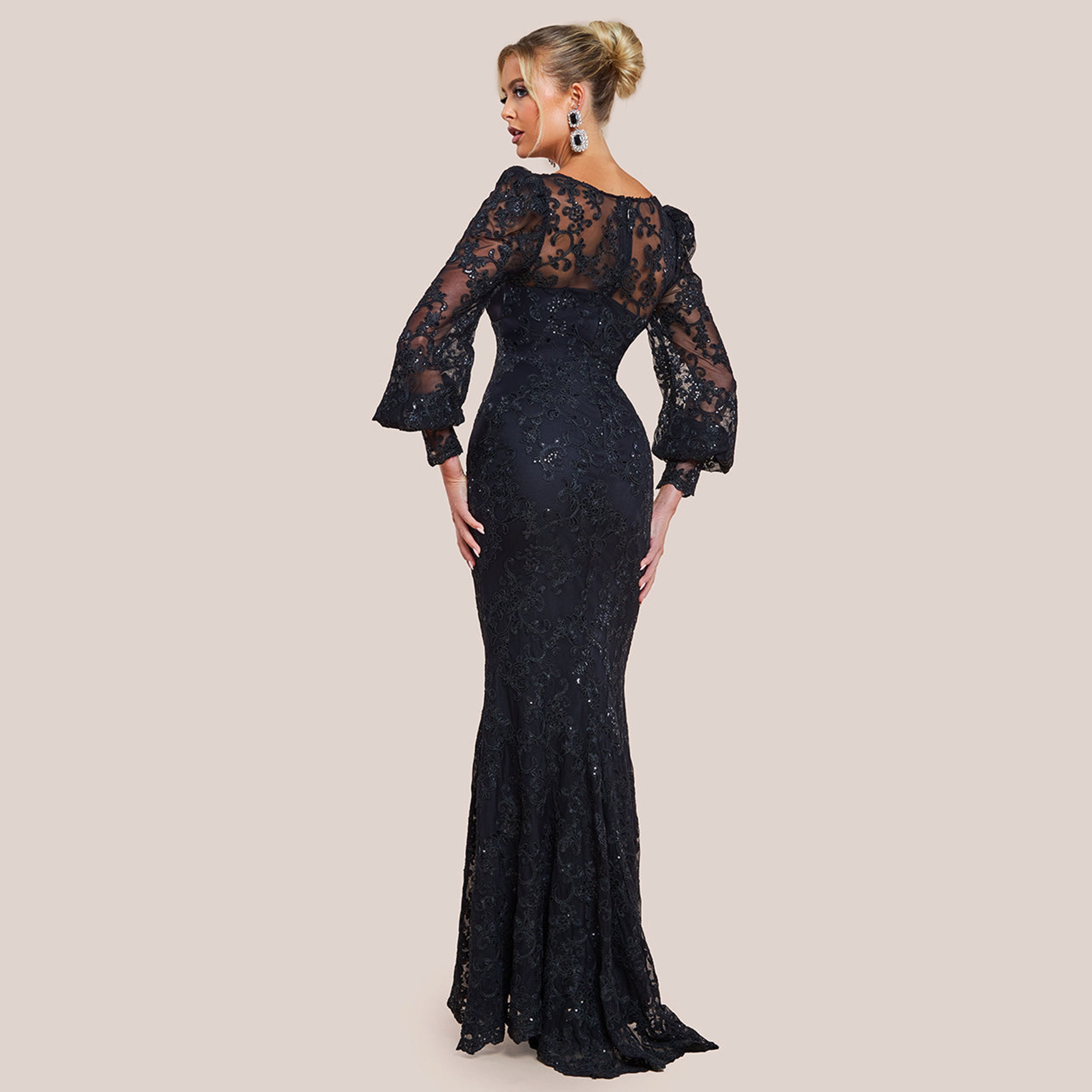 Goddiva Navy Lace Embroidery and Sequin Deep V Neck Puff Sleeves Evening Women's Mermaid Gown-women-clothing-dresses-image-4