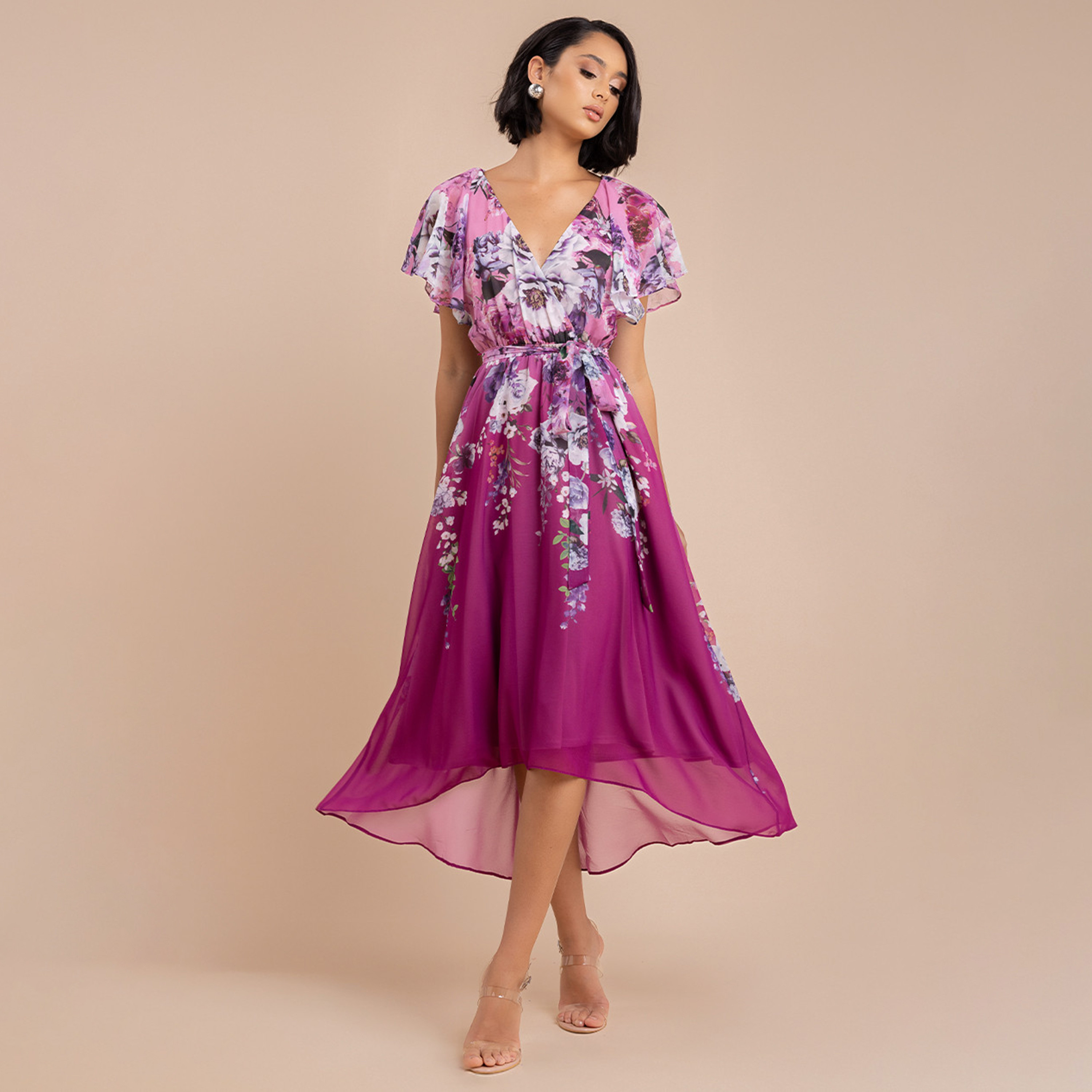 Goddiva Floral Chiffon Flutter Sleeves Magenta Women's Evening Midi Dress-women-clothing-dresses-image-1