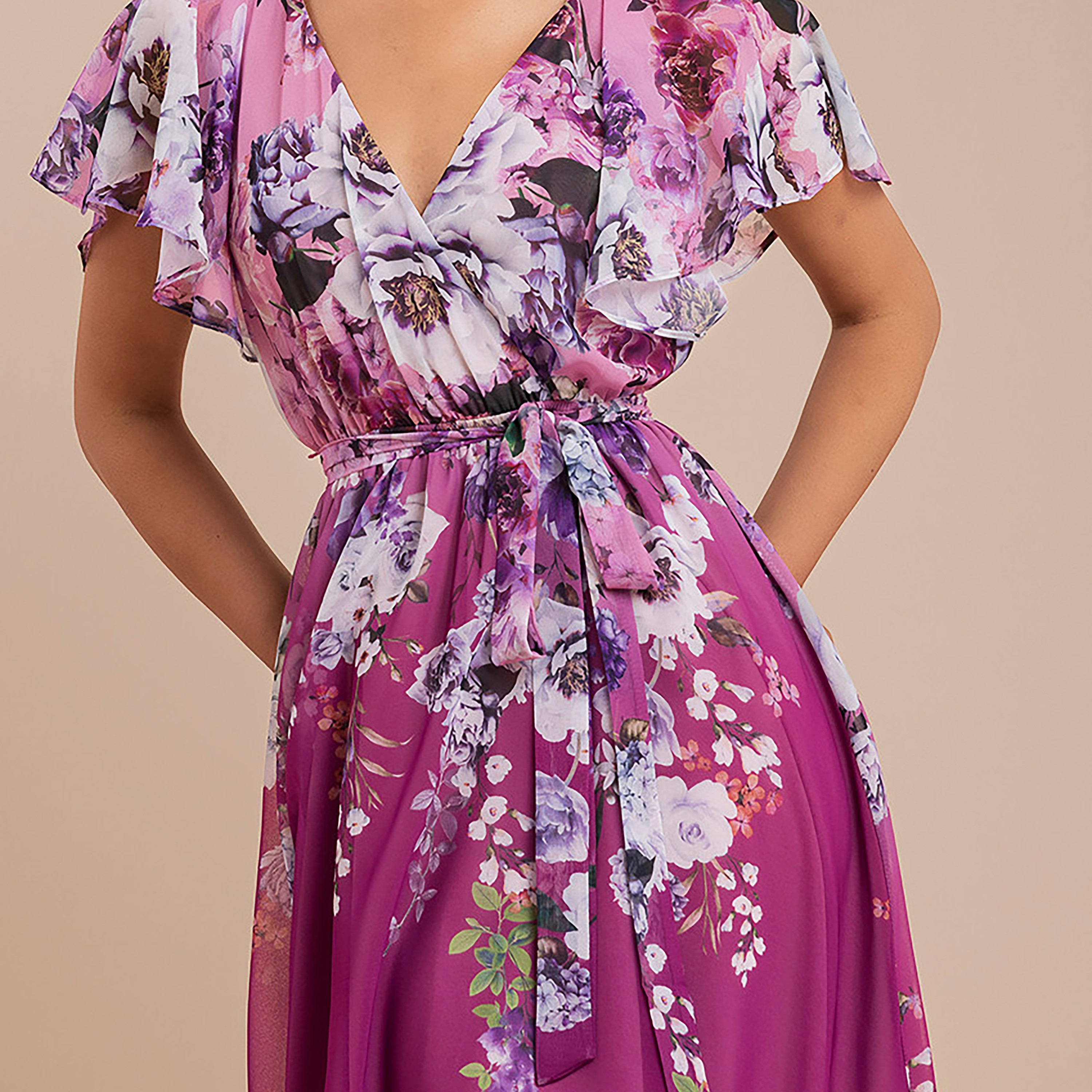 Goddiva Floral Chiffon Flutter Sleeves Magenta Women's Evening Midi Dress-women-clothing-dresses-image-2