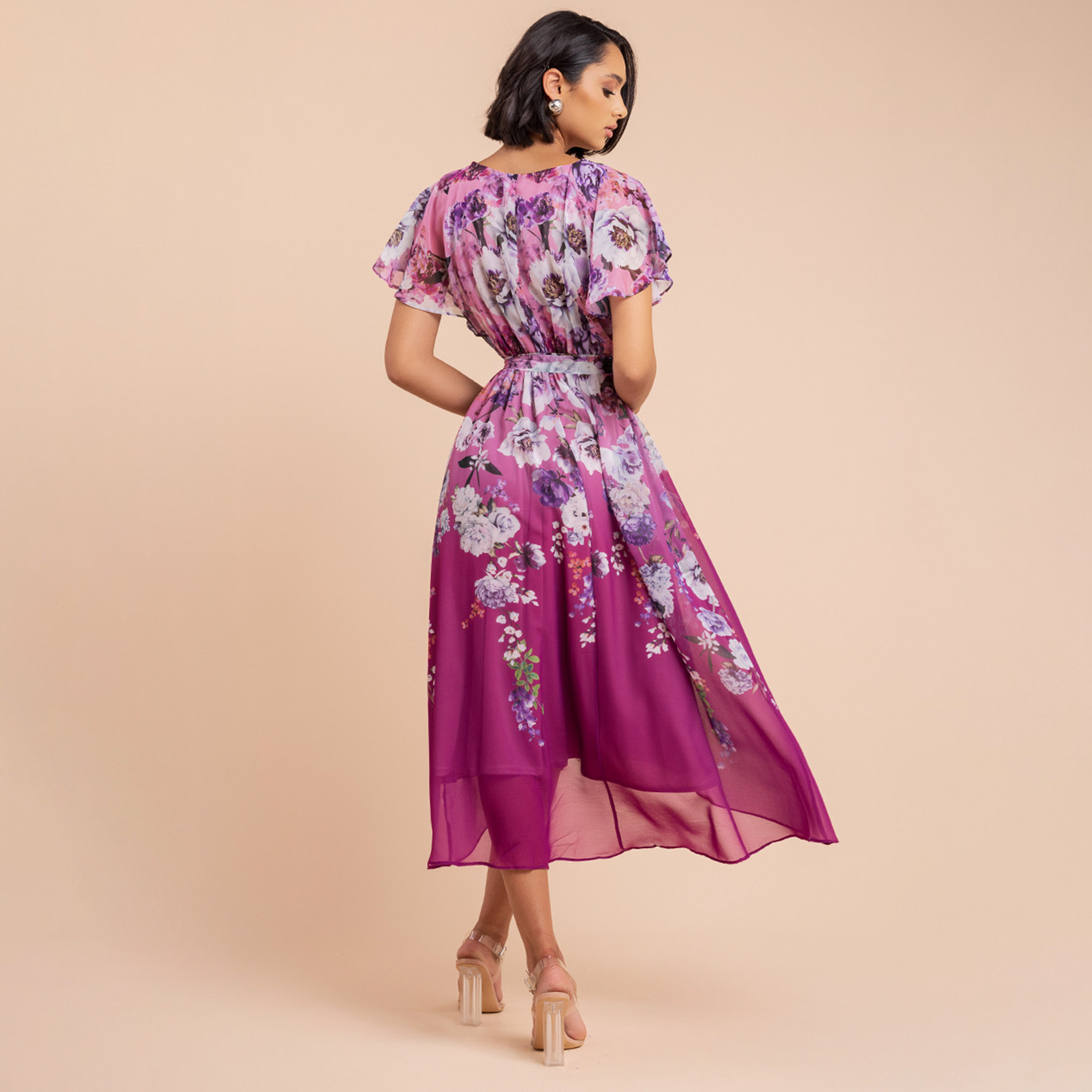 فستان سهرة نسائي ميدي من الشيفون المزهر بأكمام فضفاضة باللون الأرجواني الداكن من جوديفا-women-clothing-dresses-image-3