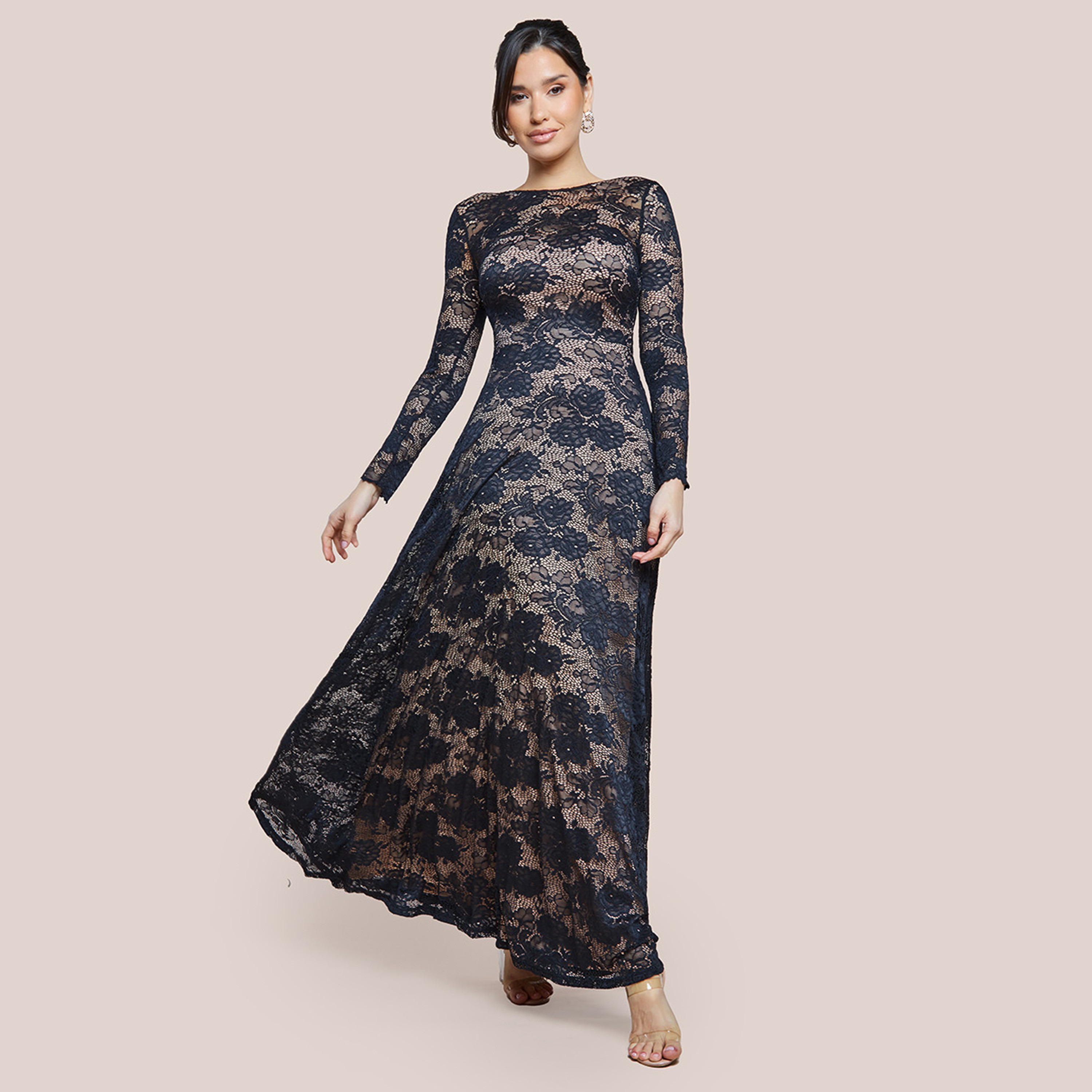 فستان سهرة نسائي ماكسي واسع أسود من الدانتيل المزهر من جوديفا-women-clothing-dresses-image-1