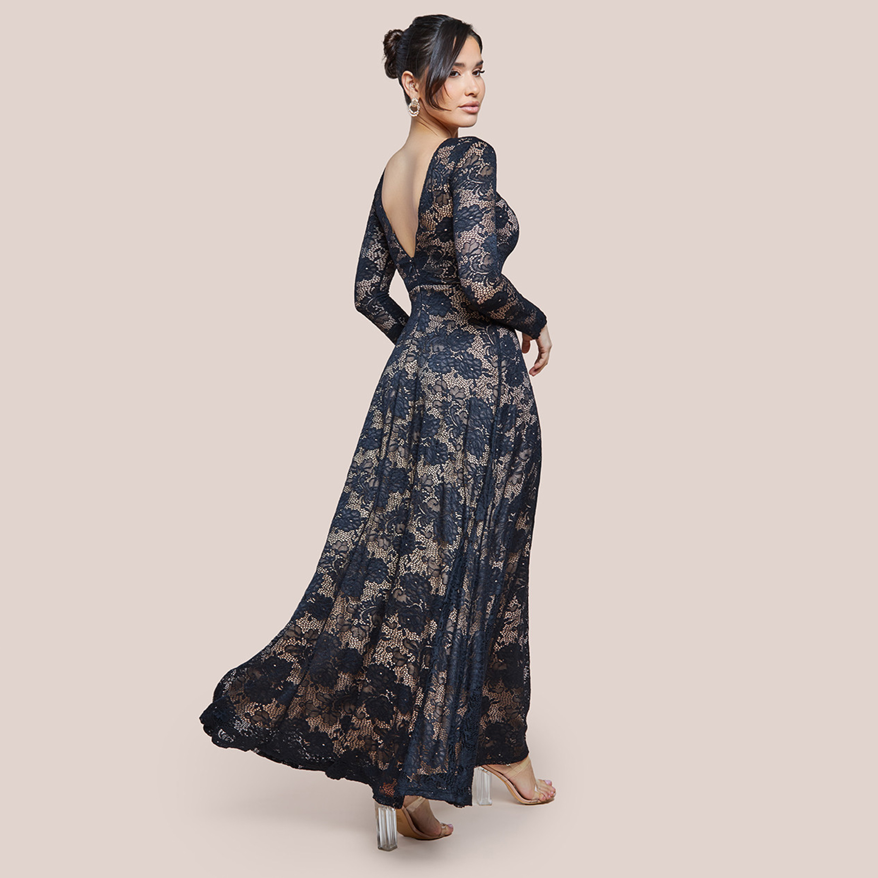Goddiva Floral Lace Flared Black Women's Evening Maxi Dress-women-clothing-dresses-image-3