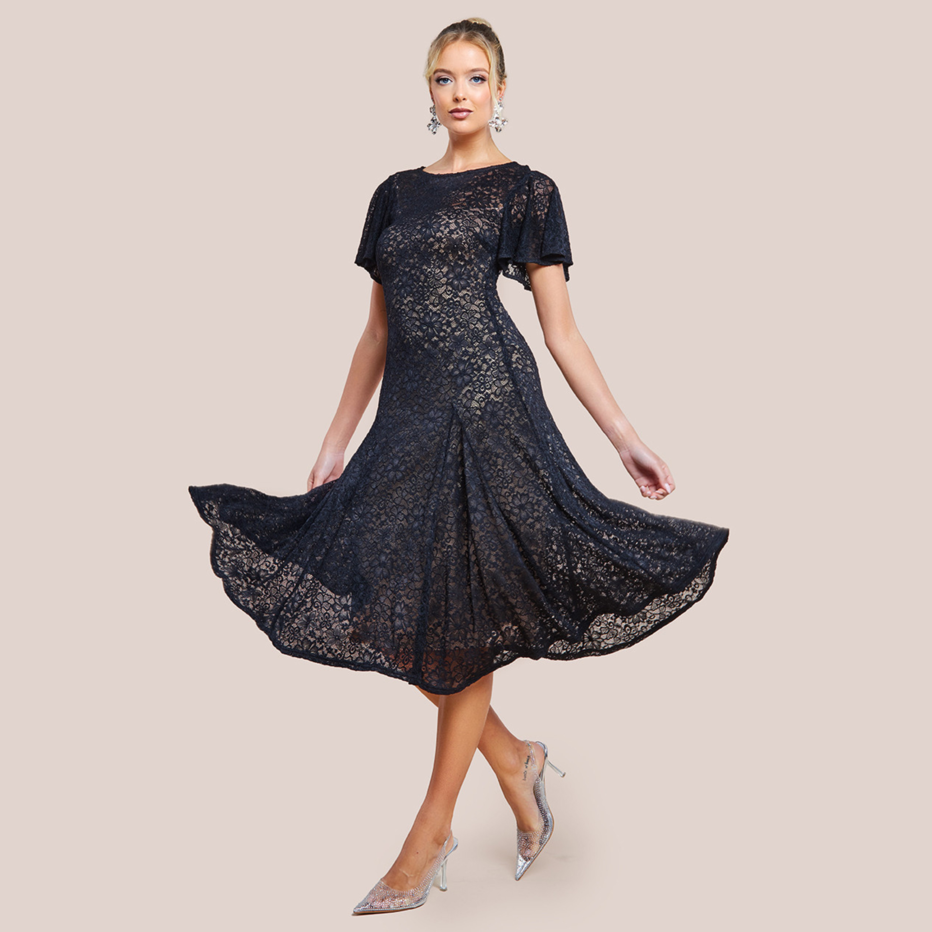 Goddiva Floral Lace Flutter Sleeves Black Women's Evening Midi Dress-women-clothing-dresses-image-1