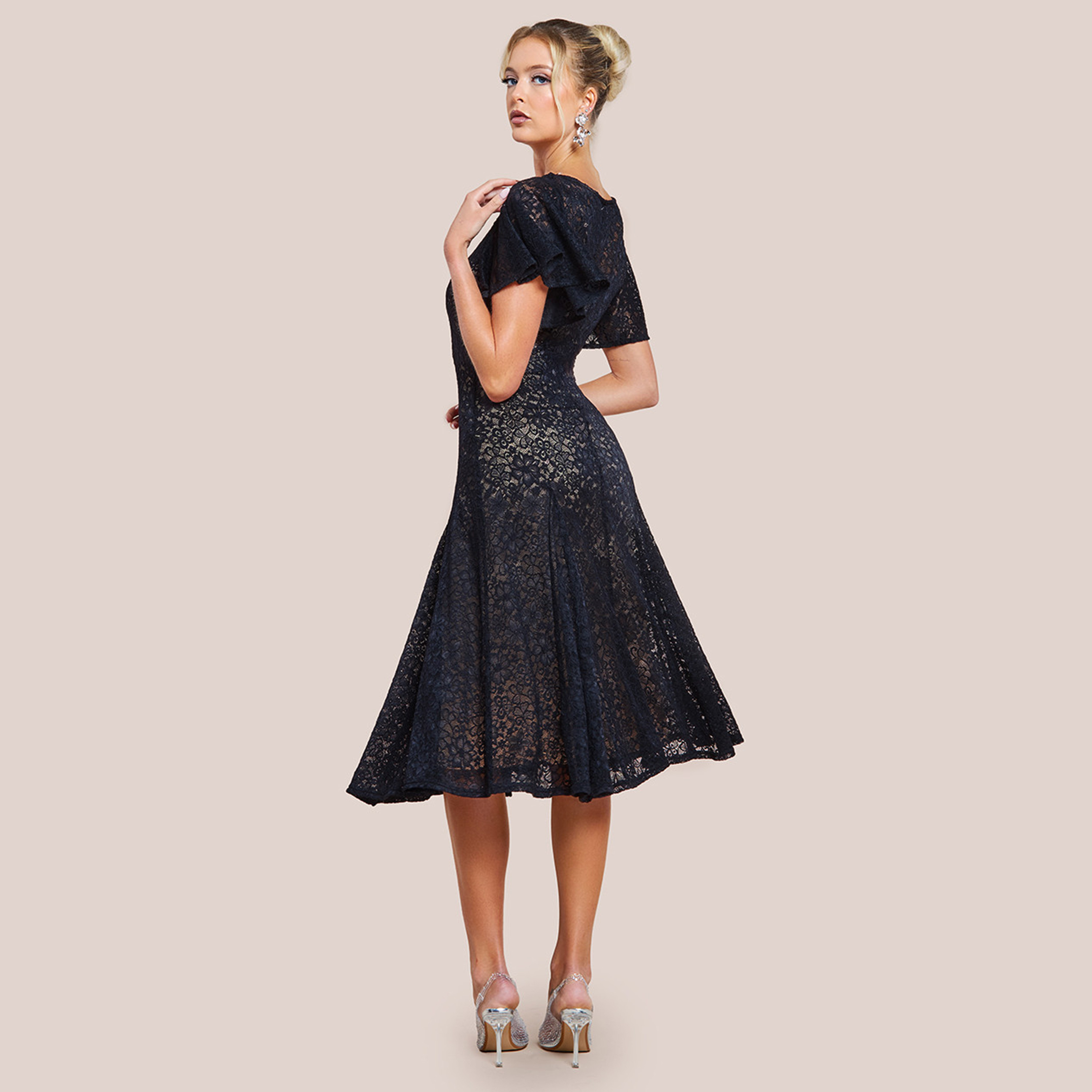 Goddiva Floral Lace Flutter Sleeves Black Women's Evening Midi Dress-women-clothing-dresses-image-3