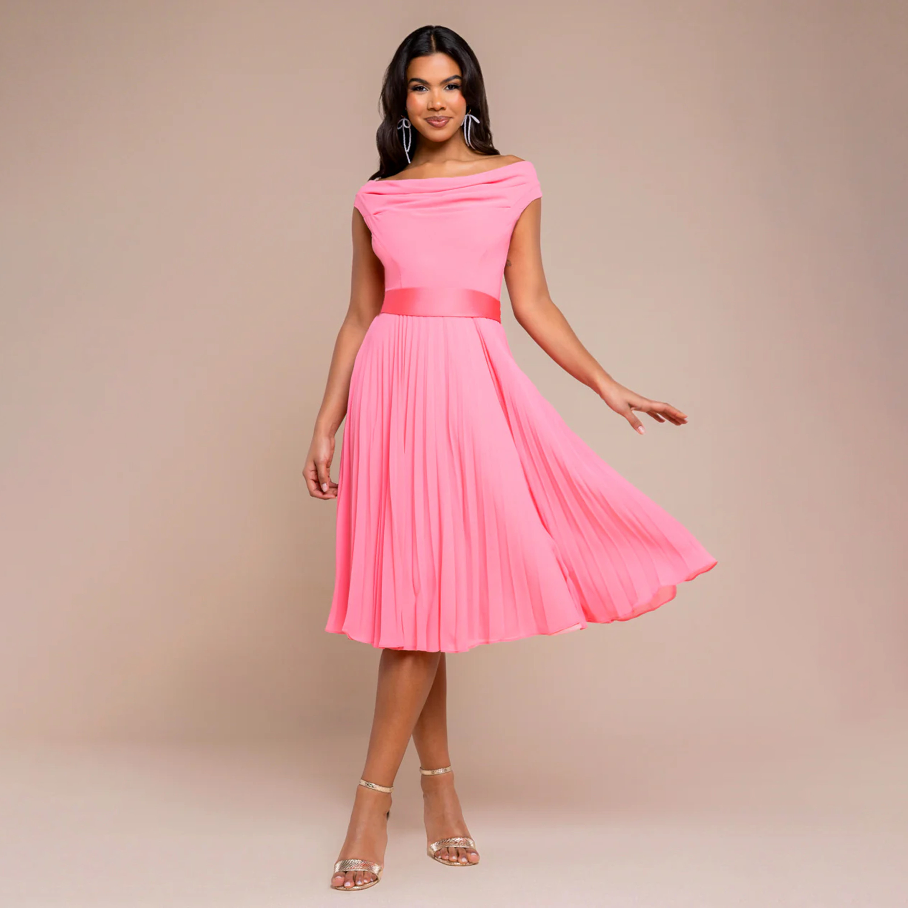 Goddiva Pleated Cowl Neck Pink Women's Evening Midi Dress-women-clothing-dresses-image-1