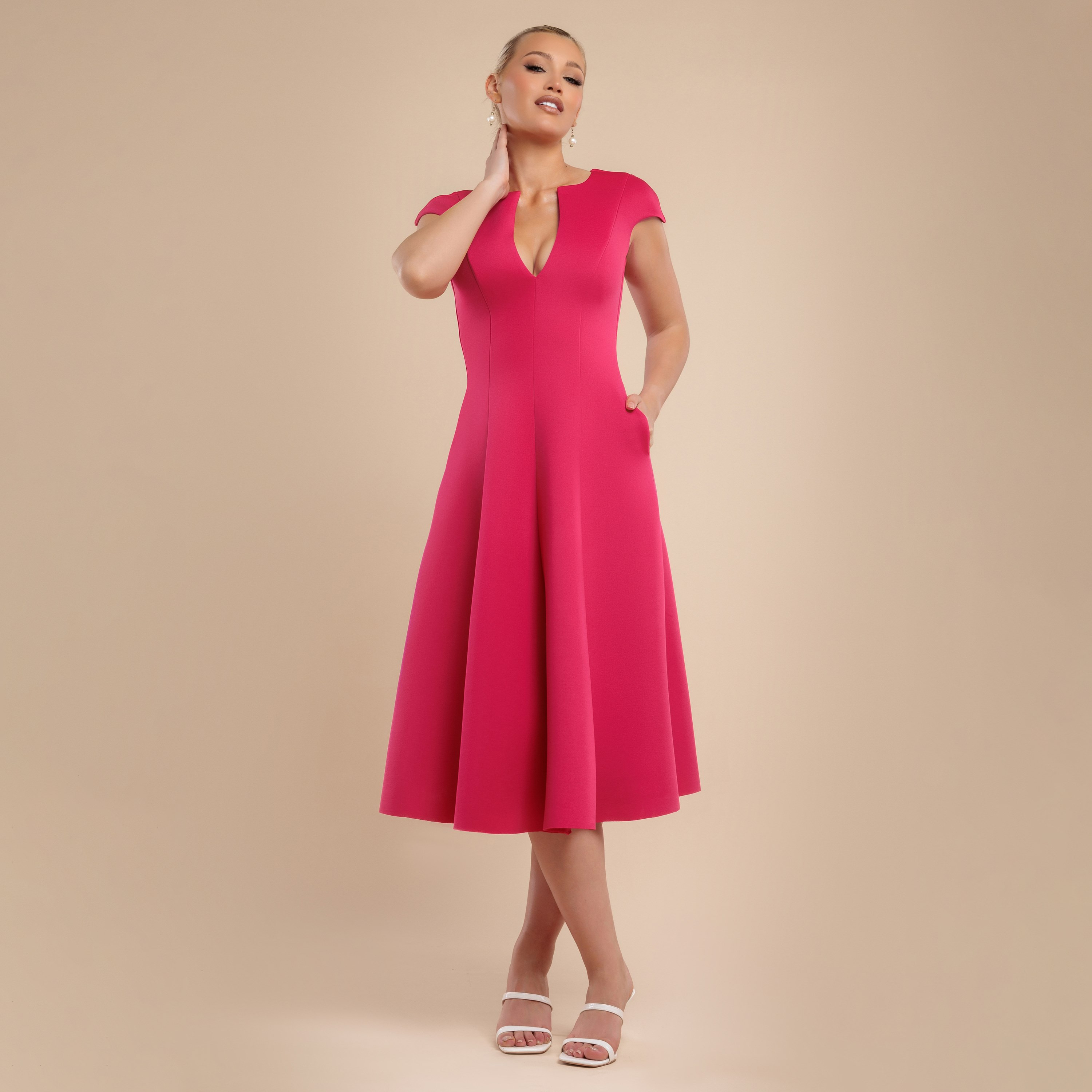 Goddiva Scuba Foam Notch Neck Cap Sleeves Magenta Women's Evening Midi Dress-women-clothing-dresses-image-1