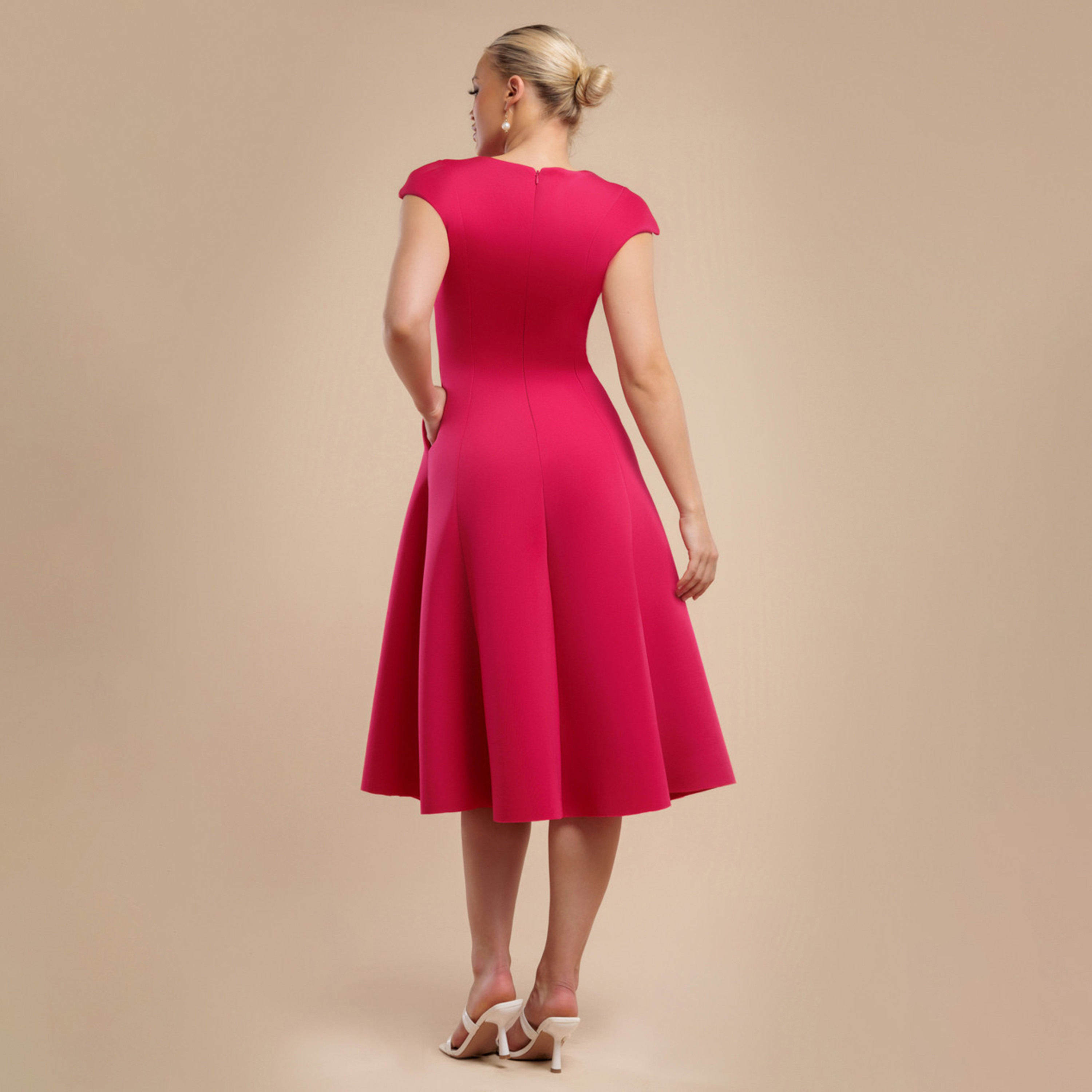 Goddiva Scuba Foam Notch Neck Cap Sleeves Magenta Women's Evening Midi Dress-women-clothing-dresses-image-3
