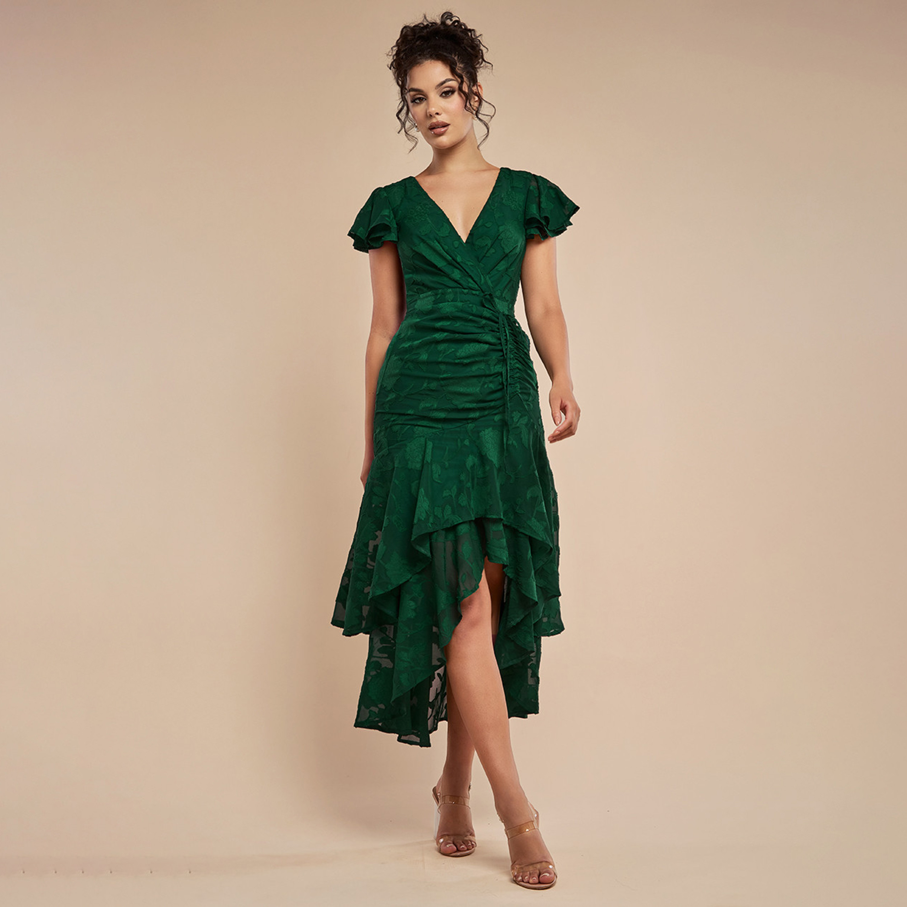 Goddiva Floral Jacquard Chiffon Flutter Sleeves Layered Women's Evening Midi Dress-women-clothing-dresses-image-1